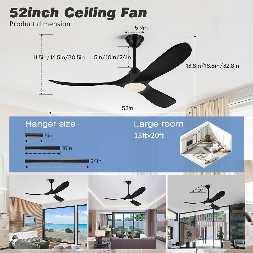 52 Inch Black Ceiling Fans with Lights, Modern Ceiling Fan for Patios with Remote Control, 3 Blades Large Airflow Damp Rated Wood Ceiling Fan for Farmhouse Bedroom, High Low Sloped Ceiling