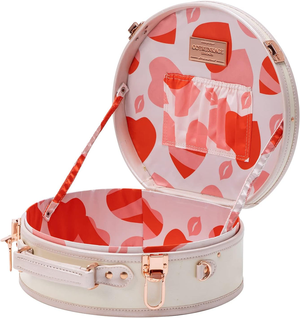 COTRUNKAGE Medium Round Hat Box Vintage Luggage Cosmetic Case (D.15, Cream White)