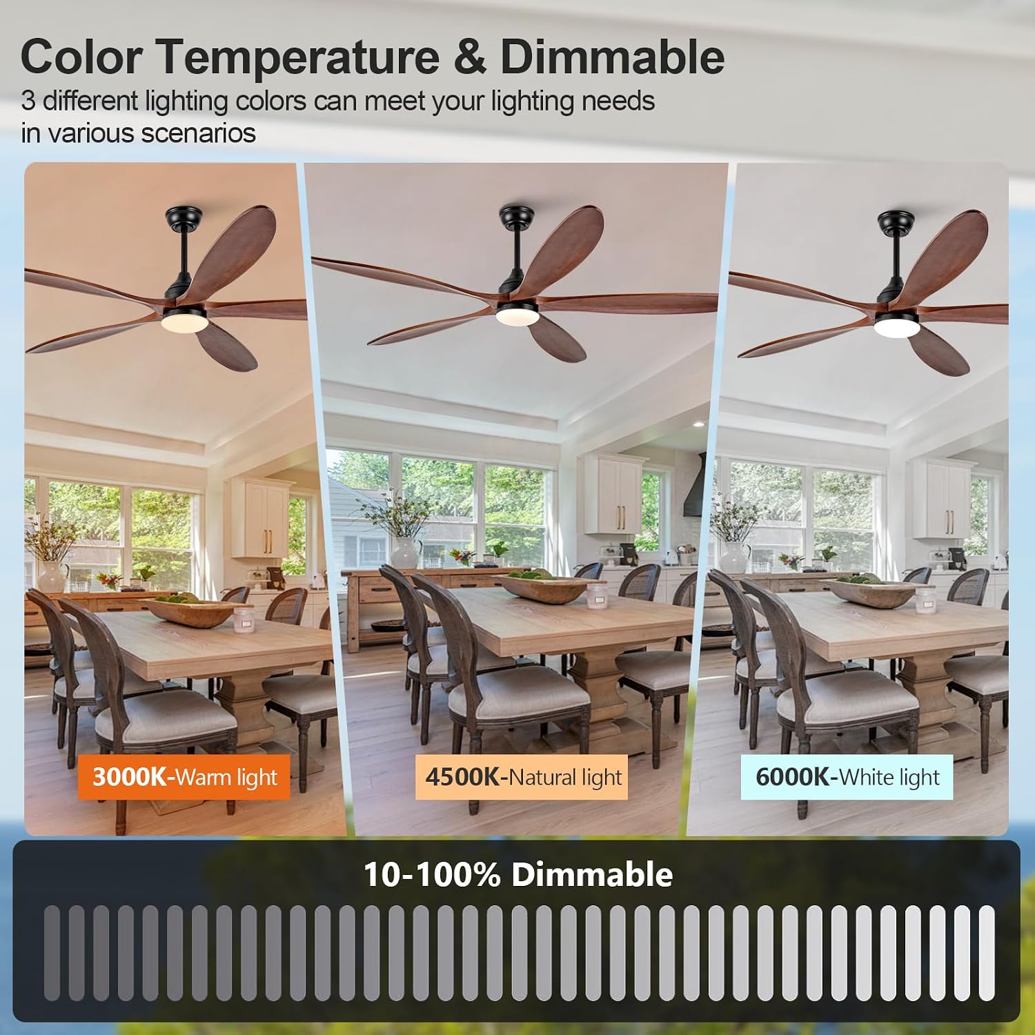 72 Inch Solid Wood Outdoor Ceiling Fans with Lights and Remote,Walnut 5 Blades,Dimmable,6 Speed Quiet DC Motor, Indoor Outdoor Ceiling Fan for Patios Bedroom Living Room