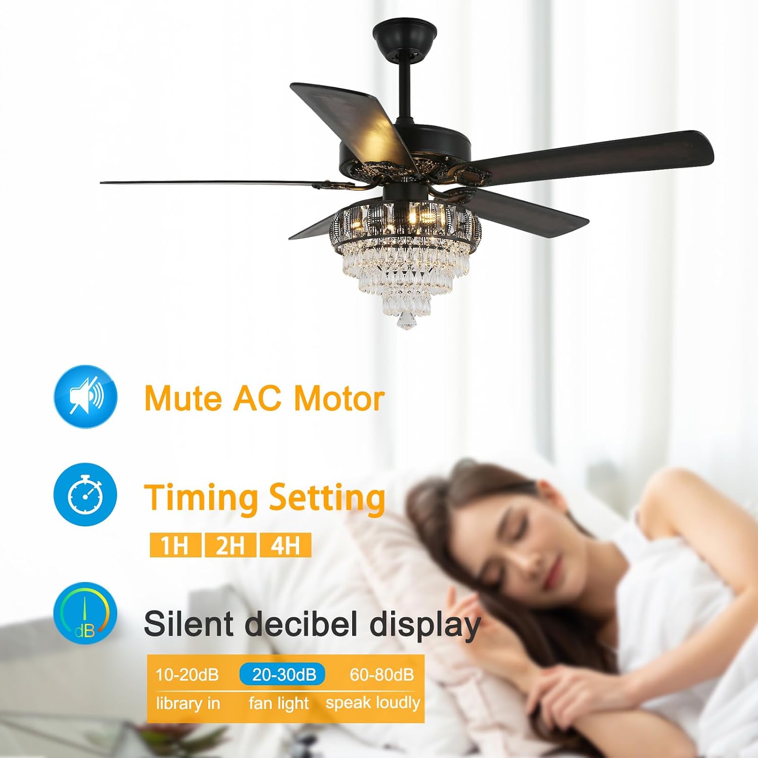 Modern Crystal Ceiling Fans with Lights and Remote Control, Farmhouse Retro Black Ceiling Fan Light, 52 Inch Fandelier Ceiling Fan for Living Room, Dining Room, Bedroom, Office