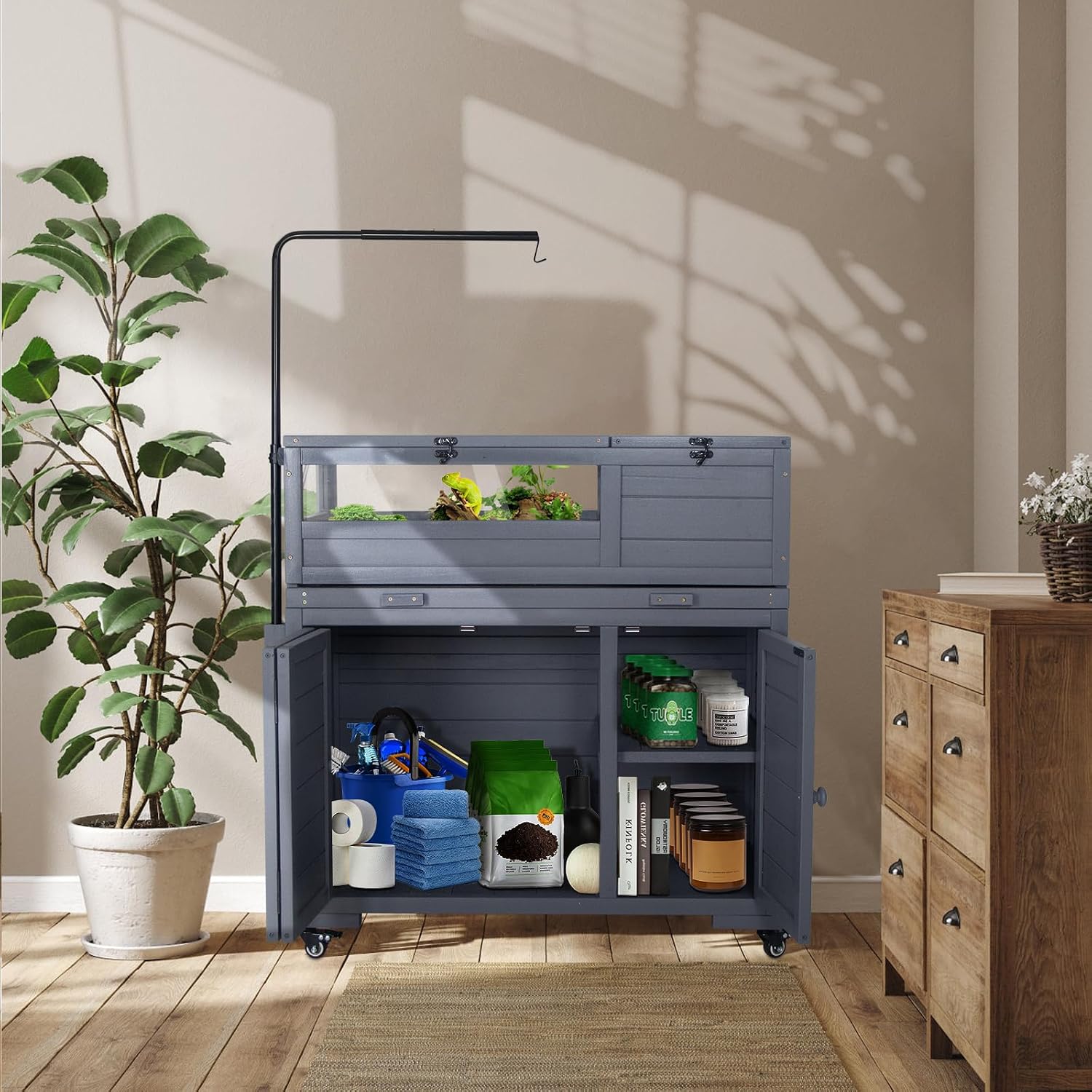 Agitree Premium Reptile Habitat Enclosure, Dark Gray | For Tortoises and Lizards, Adjustable Lighting, 360° Wheels, Easy-Clean Design, Secure Ventilation