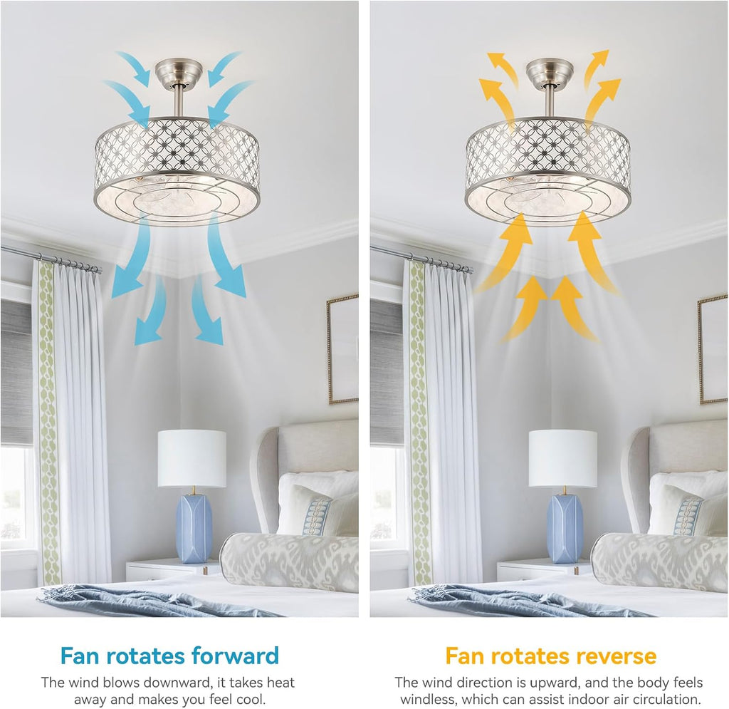 Silver Fandelier Ceiling Fan with Light, 20' Caged Silver Chandelier Ceiling Fans with Lights Remote Control, Fabric Mid-Century Modern with 6 Speeds for Bedroom, Nursery, Living Room.