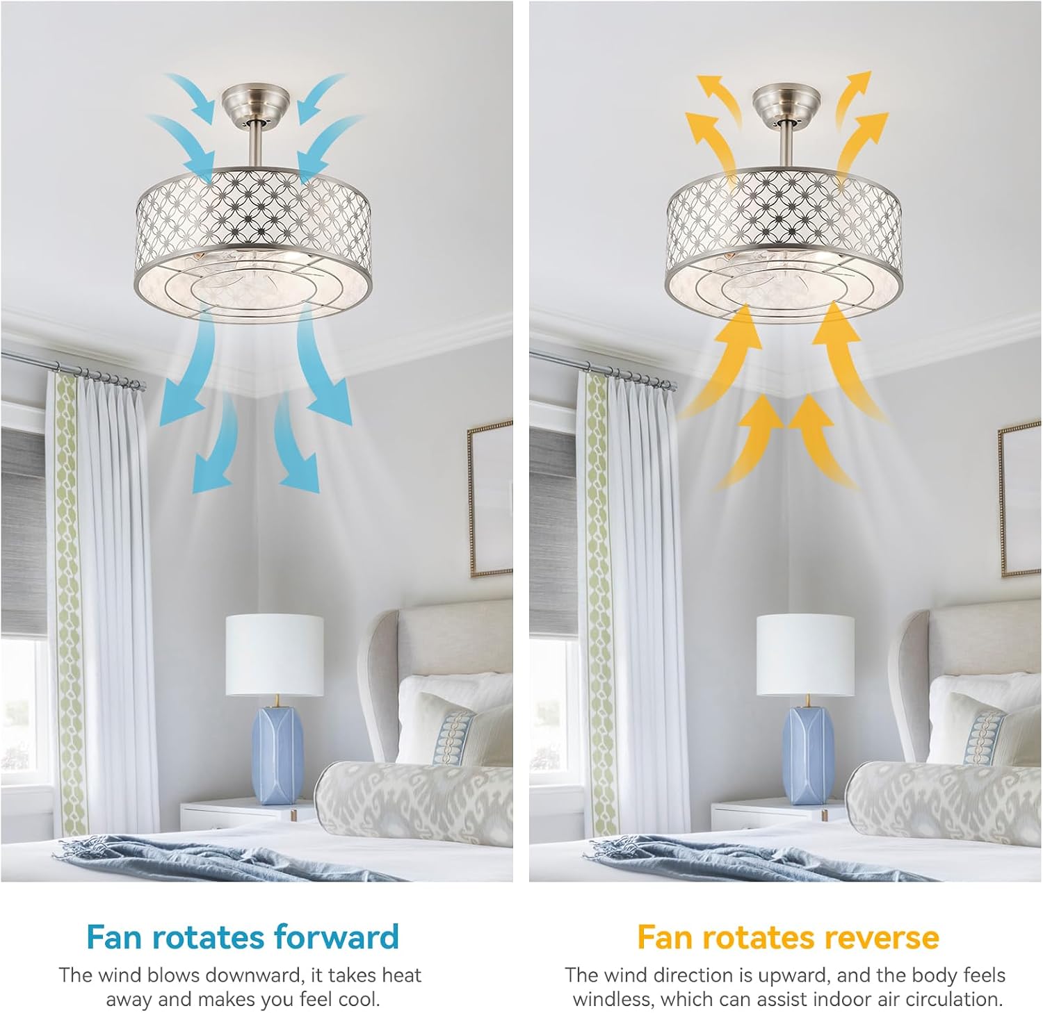Silver Fandelier Ceiling Fan with Light, 20' Caged Silver Chandelier Ceiling Fans with Lights Remote Control, Fabric Mid-Century Modern with 6 Speeds for Bedroom, Nursery, Living Room.