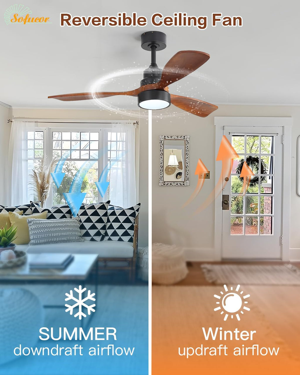 Sofucor 48 Inch Smart Ceiling Fans with Lights-Flush Mount & Downrod Mount Modern Outdoor Ceiling Fans with Alexa/Google Assistant/APP/Remote Control for Bedroom/Farmhouse/Patio, Black & Walnut