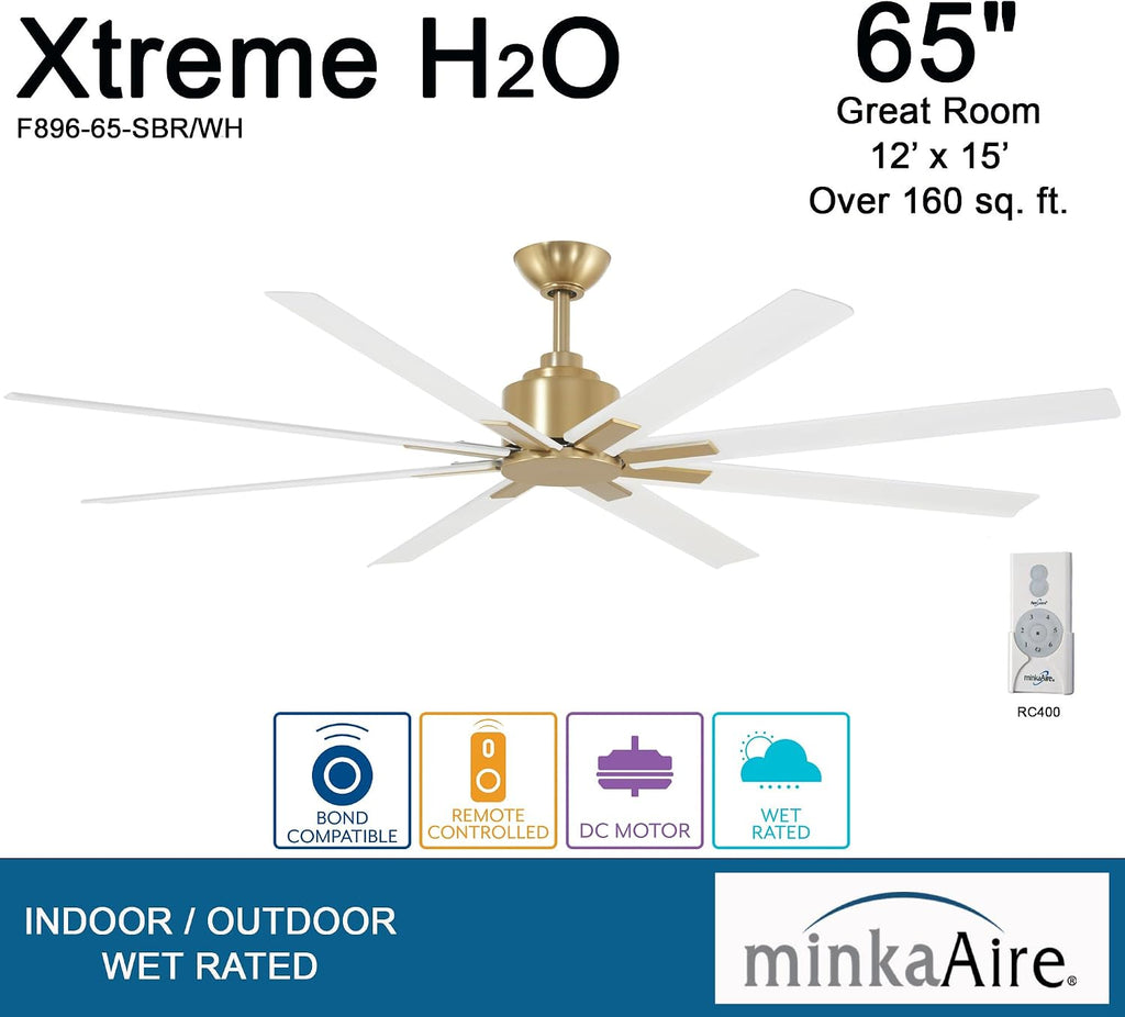 MINKA-AIRE F896-65-SBR/WHF Xtreme H2O 65 Inch DC Motor Outdoor Ceiling Fan with Remote Control in Soft Brass Finish with Flat White Blades