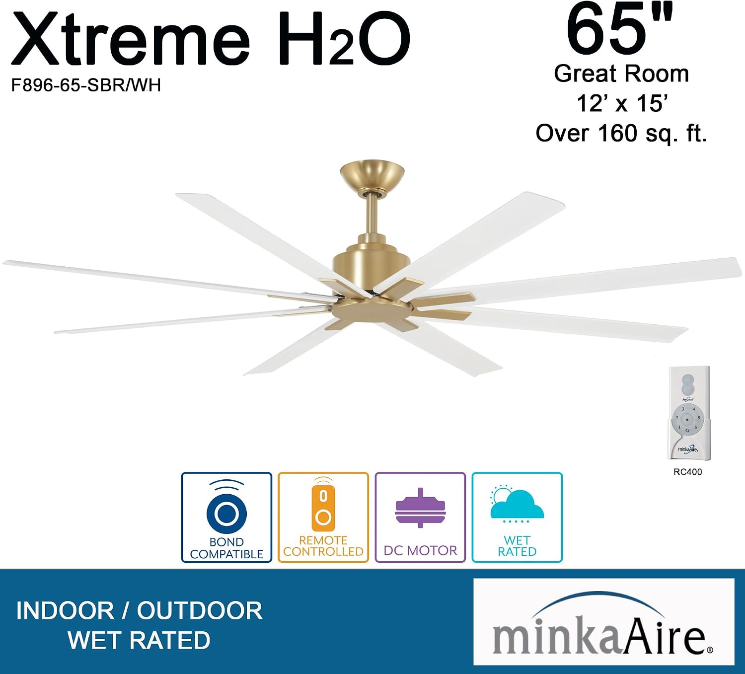 MINKA-AIRE F896-65-SBR/WHF Xtreme H2O 65 Inch DC Motor Outdoor Ceiling Fan with Remote Control in Soft Brass Finish with Flat White Blades