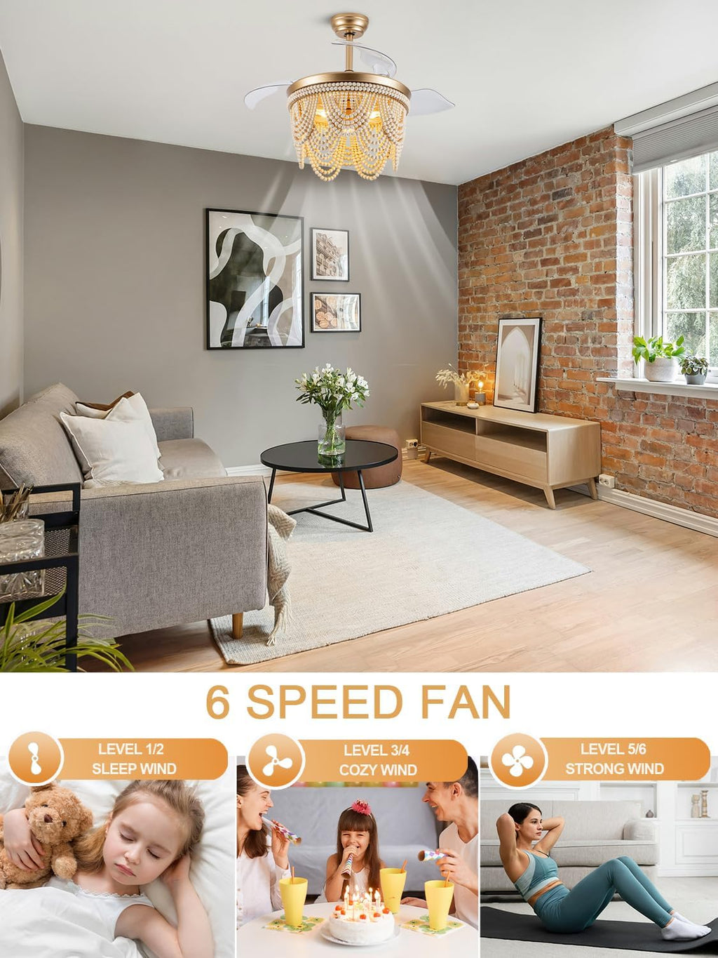 42 Inch Boho Fandelier Ceiling Fan with Light Retractable Ceiling Fan with Lights Wood Beaded Coastal Chandelier, 6 Speeds Reversible Quiet DC Motor for Bedroom Living Room