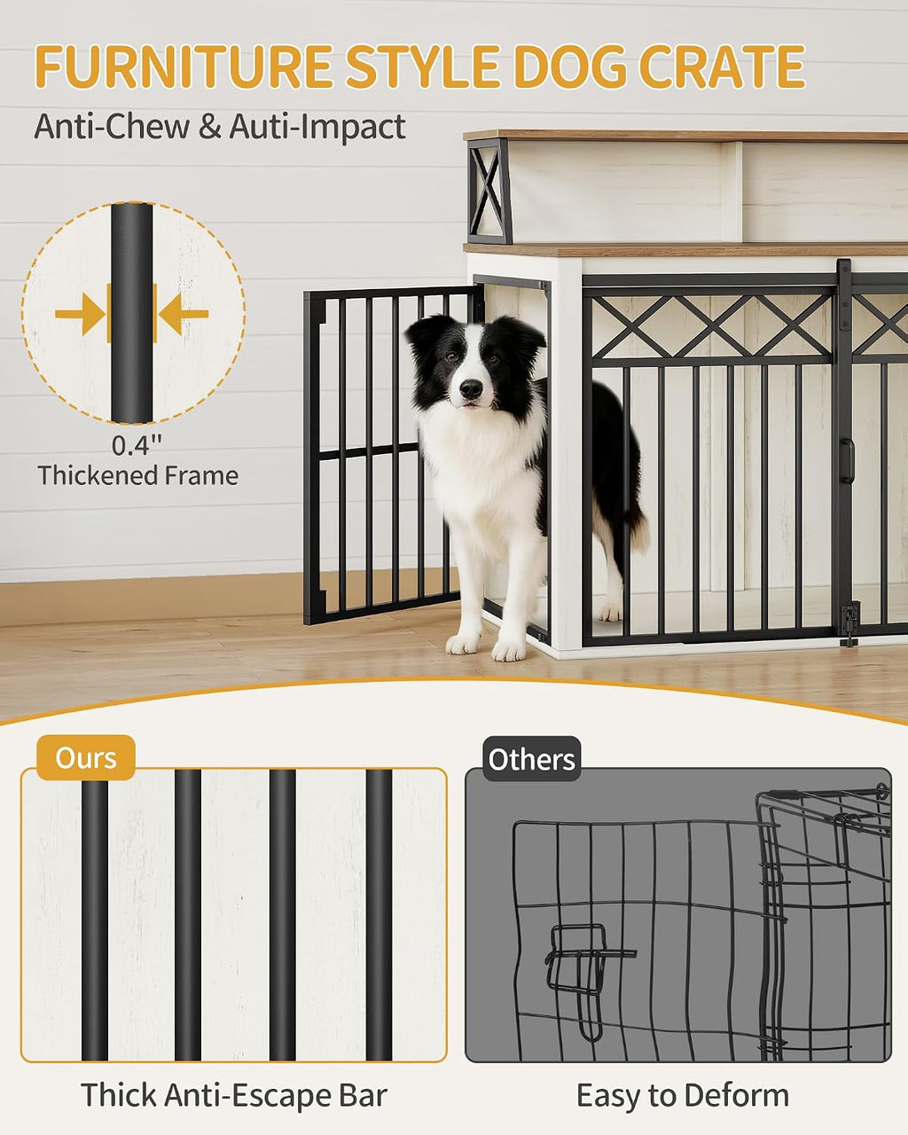 Hzuaneri 39.4'' Dog Crate Furniture, Large Wooden Dog Crate with Storage and 3 Doors, Indoor Kennel for Medium/Large Dogs, End Table with Barn Door, Chew-Proof and Escape-Proof, White Brown DFC87414B