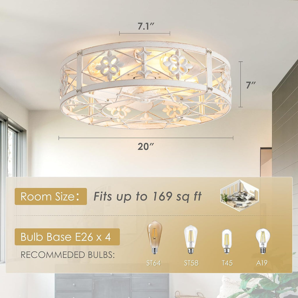 ZYD Caged Ceiling Fans with Light, 20' Ceiling Fans with Lights and Remote Flush Mount, Bladeless Caged Ceiling Fan with Light, Rust White Farmhouse Ceiling Fan for Bedroom, Kitchen, Dining Room