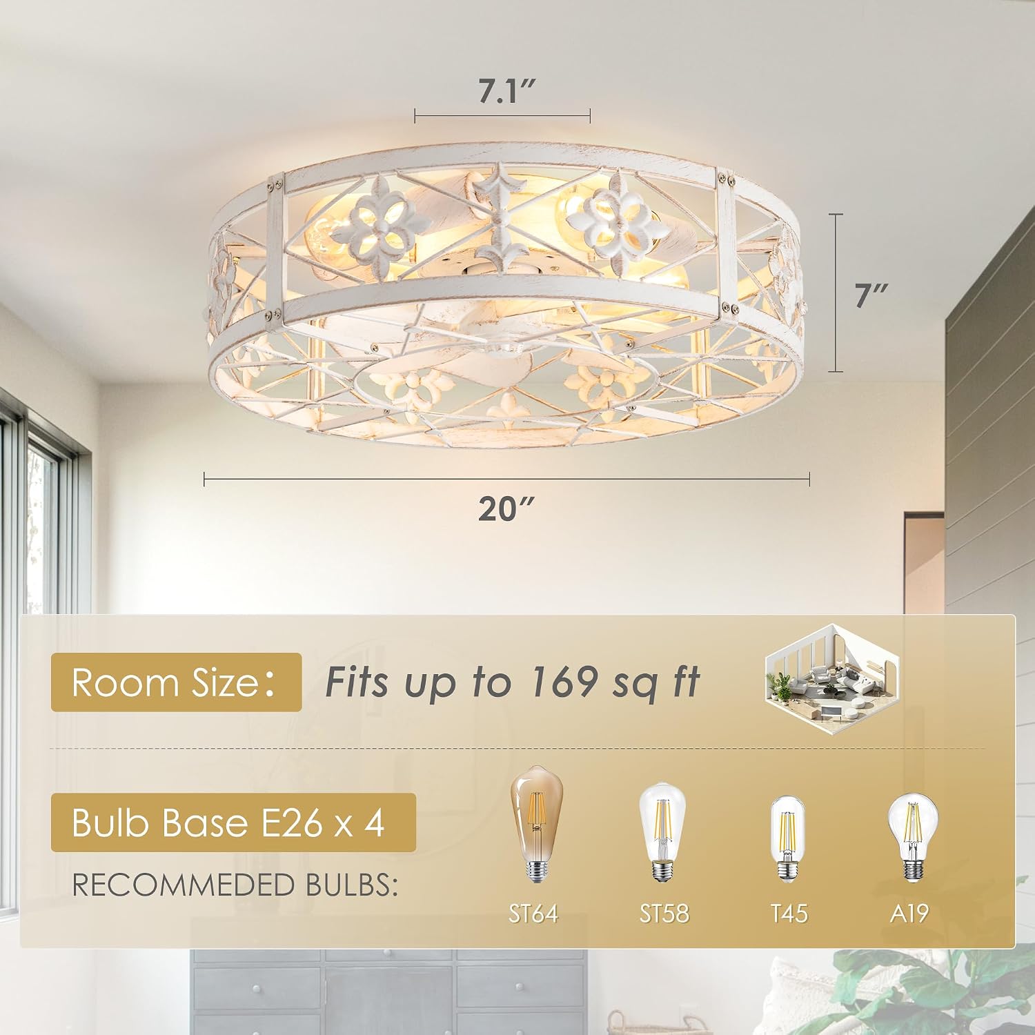 ZYD Caged Ceiling Fans with Light, 20' Ceiling Fans with Lights and Remote Flush Mount, Bladeless Caged Ceiling Fan with Light, Rust White Farmhouse Ceiling Fan for Bedroom, Kitchen, Dining Room