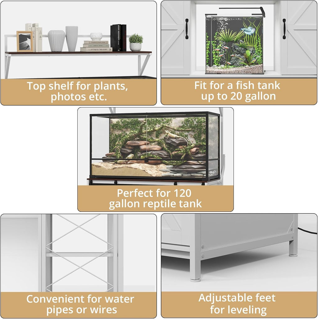 VOWNER Farmhouse Reptile Tank Stand with Power Outlet, 48' X 24' Tabletop Fits up 120 Gallon Bearded Dragon Tank, Heavy Duty Aquarium Stand with Storage Cabinet, Reptile Turtle Terrarium Stand White