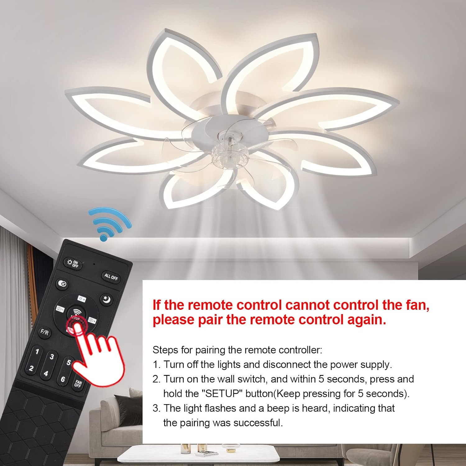 35' Geometric Ceiling Fan with Light Remote Control, 6 Speeds 3 Colors, White Low Profile Flush Mount Ceiling Fan for Kitchen Bedroom Living Room