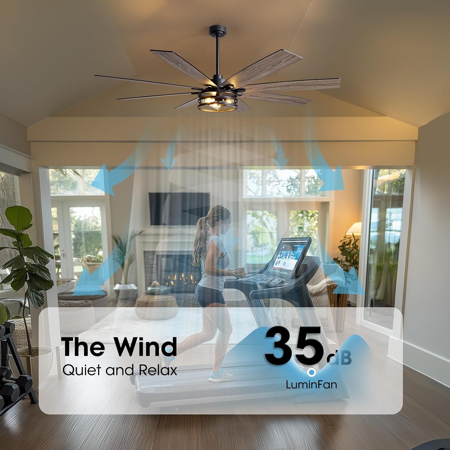 LuminFan 72 inch Large Ceiling Fans with Lights and Remote, Black Modern Ceiling Fan for Living Room, Patios, 6 Speed Reversible Quiet DC Motor, 8 Blades, Easy to Install