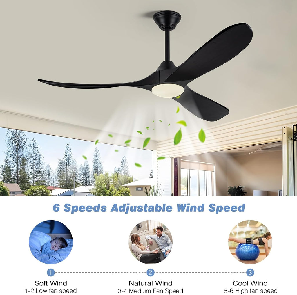 52 Inch Black Ceiling Fans with Lights, Modern Ceiling Fan for Patios with Remote Control, 3 Blades Large Airflow Damp Rated Wood Ceiling Fan for Farmhouse Bedroom, High Low Sloped Ceiling