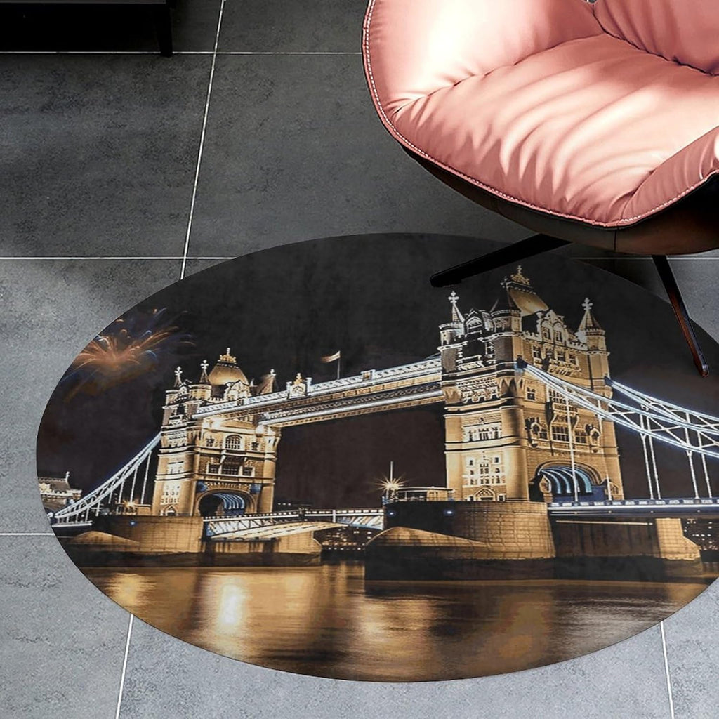 Night London Tower Bridge Coral Velvet Round Floor Mat Non-Slip Bath Rug Floor Covering for Bathroom Vanity Guest Suite & Vacation Home