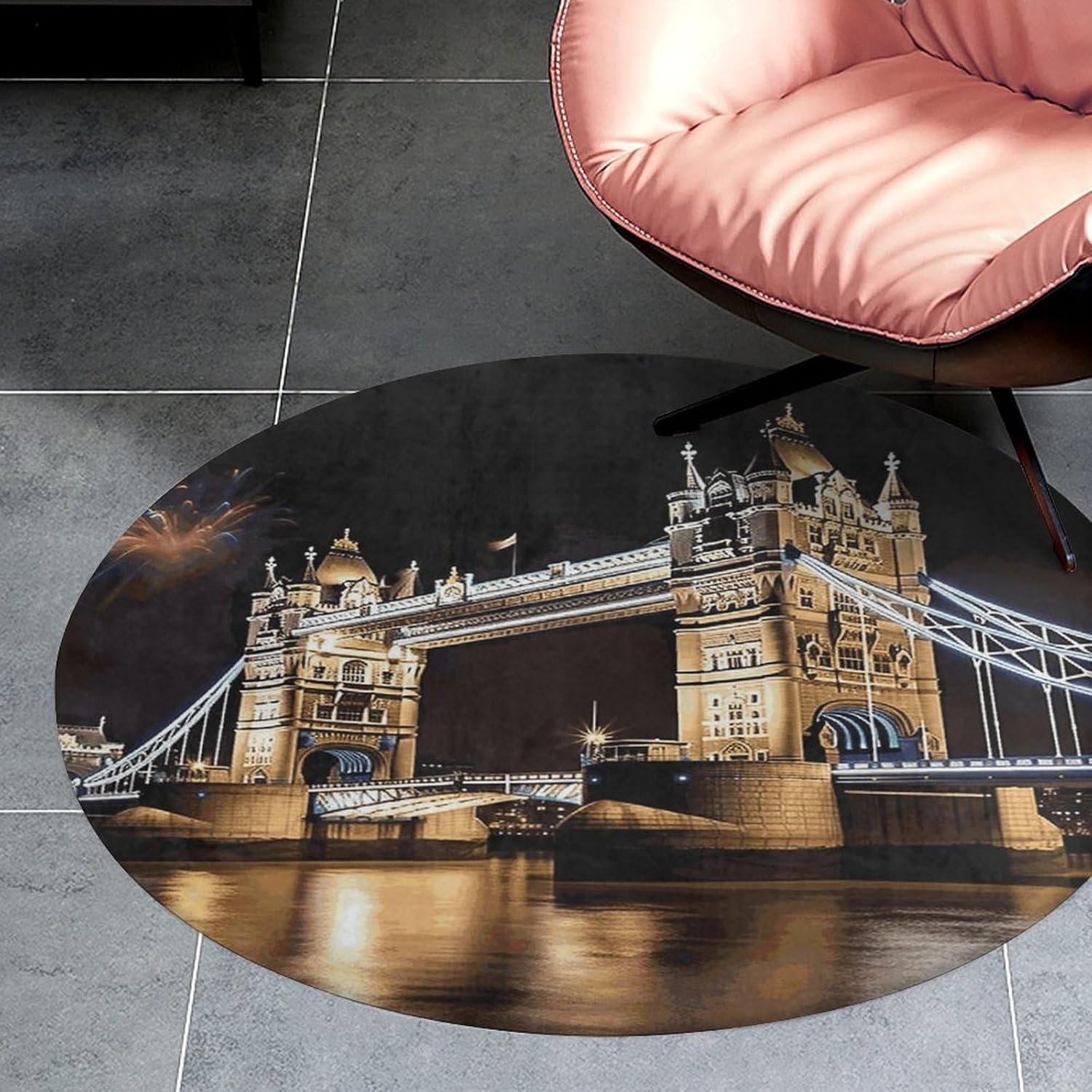 Night London Tower Bridge Coral Velvet Round Floor Mat Non-Slip Bath Rug Floor Covering for Bathroom Vanity Guest Suite & Vacation Home
