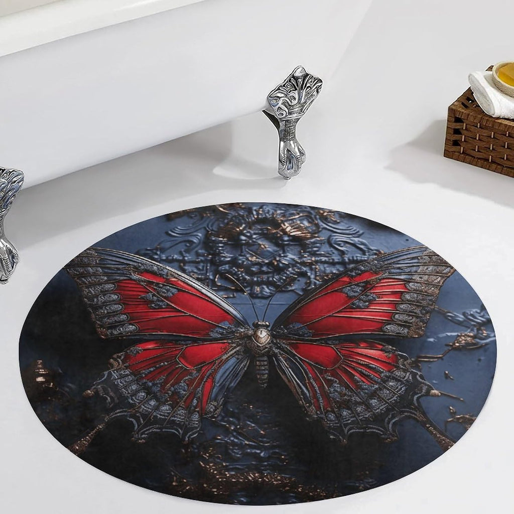 Red Butterfly Coral Velvet Round Floor Mat Non-Slip Bath Rug Floor Covering for Bathroom Vanity Guest Suite & Vacation Home