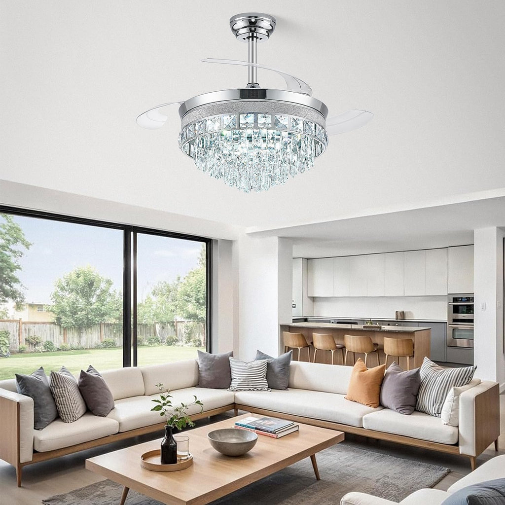 42 Inch Fandelier Ceiling Fan with Light, Chandelier Ceiling Fans with Lights, Crystal Ceiling Fans for Bedroom Living Room, LED Dimmable, 6 Wind Speed,3 Color Temperatures-Chrome