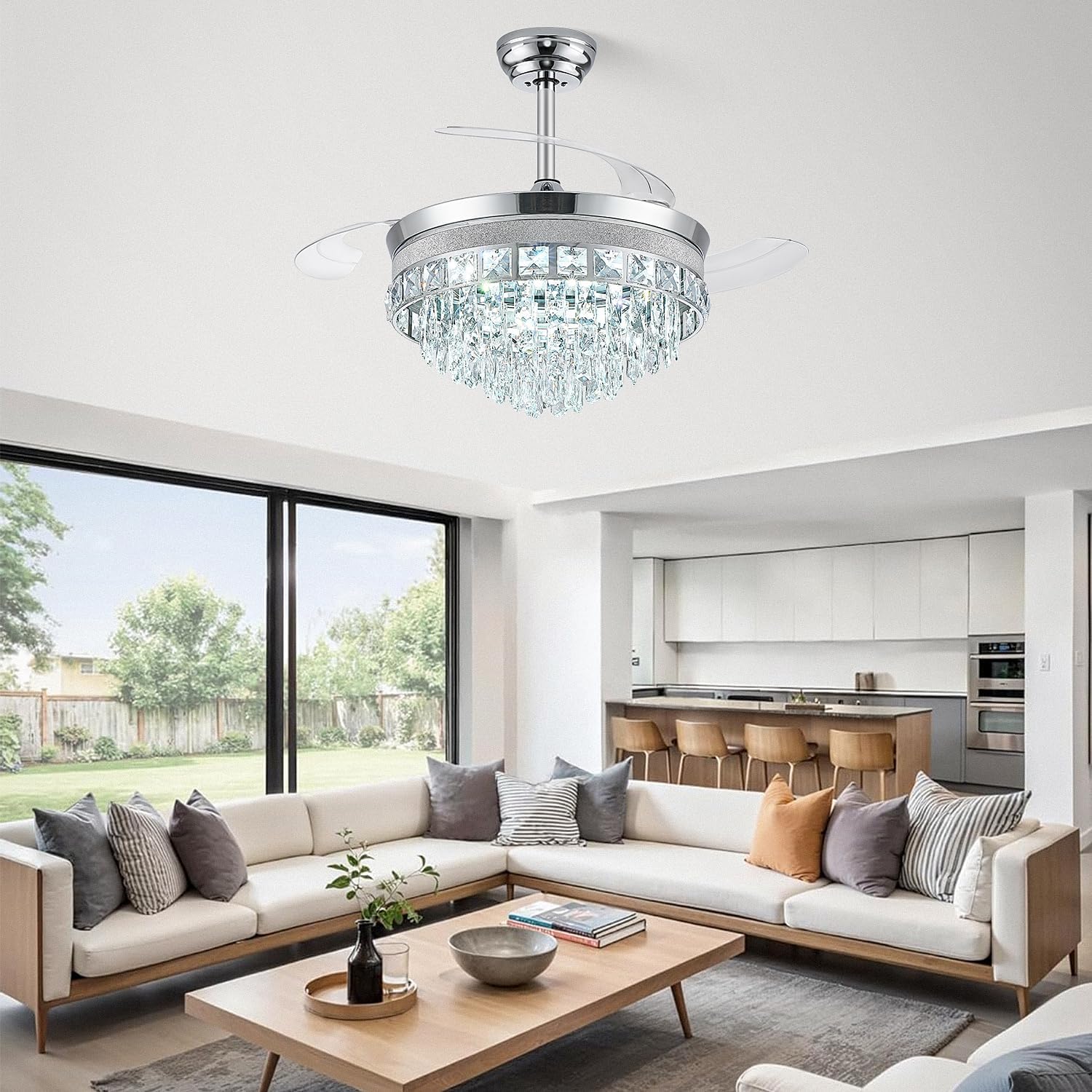 42 Inch Fandelier Ceiling Fan with Light, Chandelier Ceiling Fans with Lights, Crystal Ceiling Fans for Bedroom Living Room, LED Dimmable, 6 Wind Speed,3 Color Temperatures-Chrome