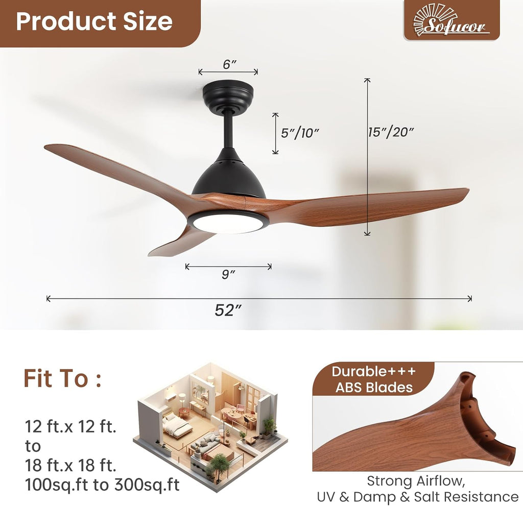 Sofucor 52 Inch Smart Ceiling Fan with Light, Modern Ceiling Fan with 3 Plastic Blade, Quiet, Dimmable, Compatible with Alexa/Google/App, 6 Speeds 7000CFM, Timer Quiet Reversible DC Motor, ETL, Brown