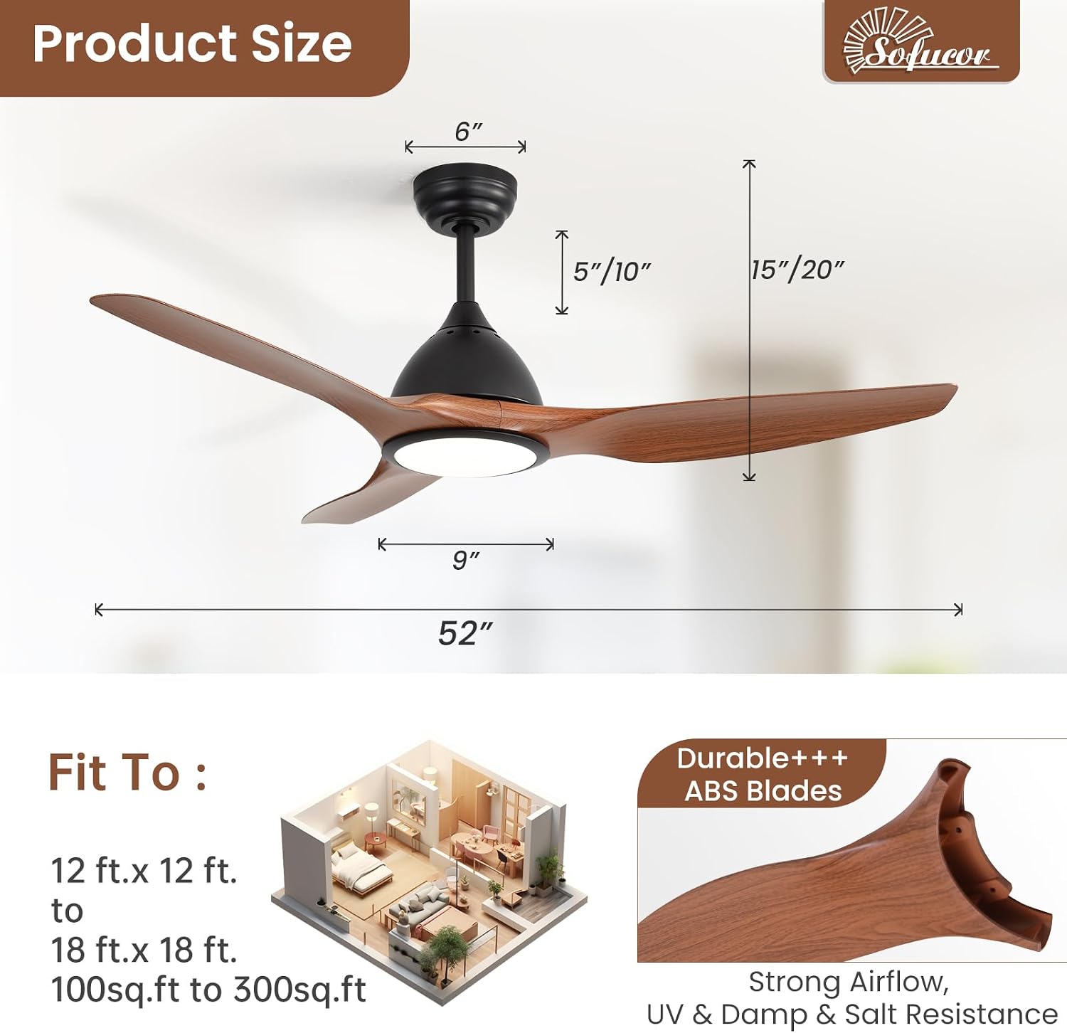 Sofucor 52 Inch Smart Ceiling Fan with Light, Modern Ceiling Fan with 3 Plastic Blade, Quiet, Dimmable, Compatible with Alexa/Google/App, 6 Speeds 7000CFM, Timer Quiet Reversible DC Motor, ETL, Brown
