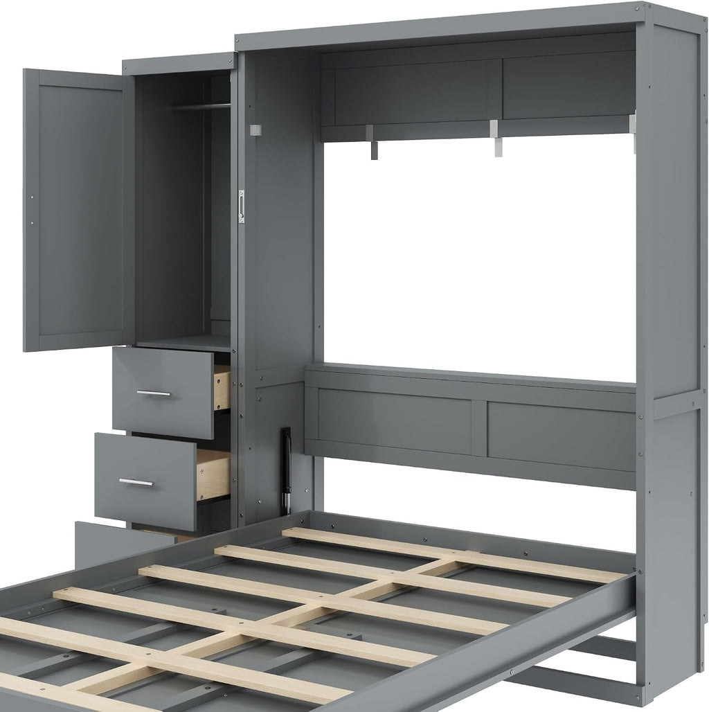 SOFTSEA Full Size Murphy Bed with Wardrobe and Drawers, Solid Wood Wall Bed Frame with Storage, Can be Folded into a Cabinet, No Box Spring Needed, Grey