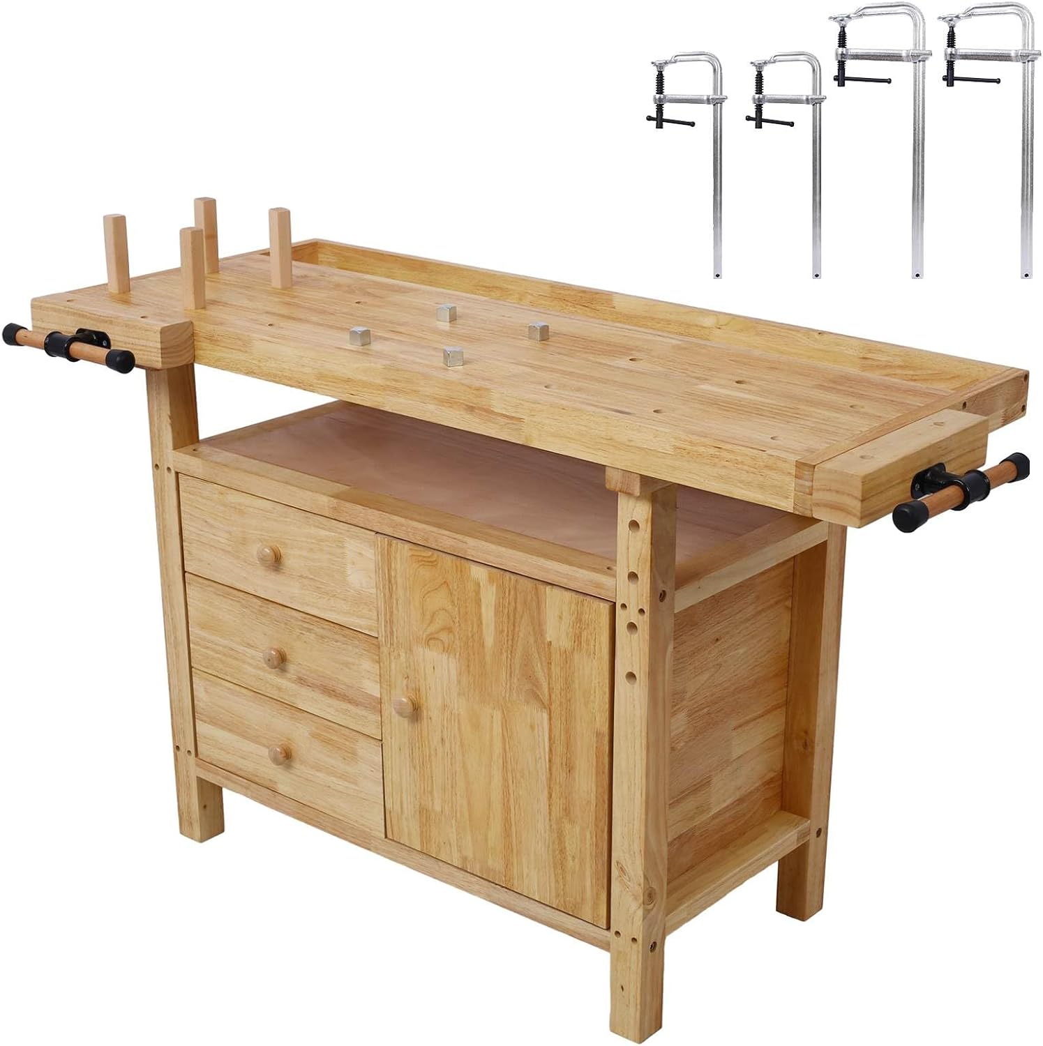 Wood Workbench - Wooden Workbench for Garage Workshop and Home, with Bar Clamps Set 2 pcs 12 inch x 3inch+ 2pcs 16inchx4-3/4,4pcs Pack
