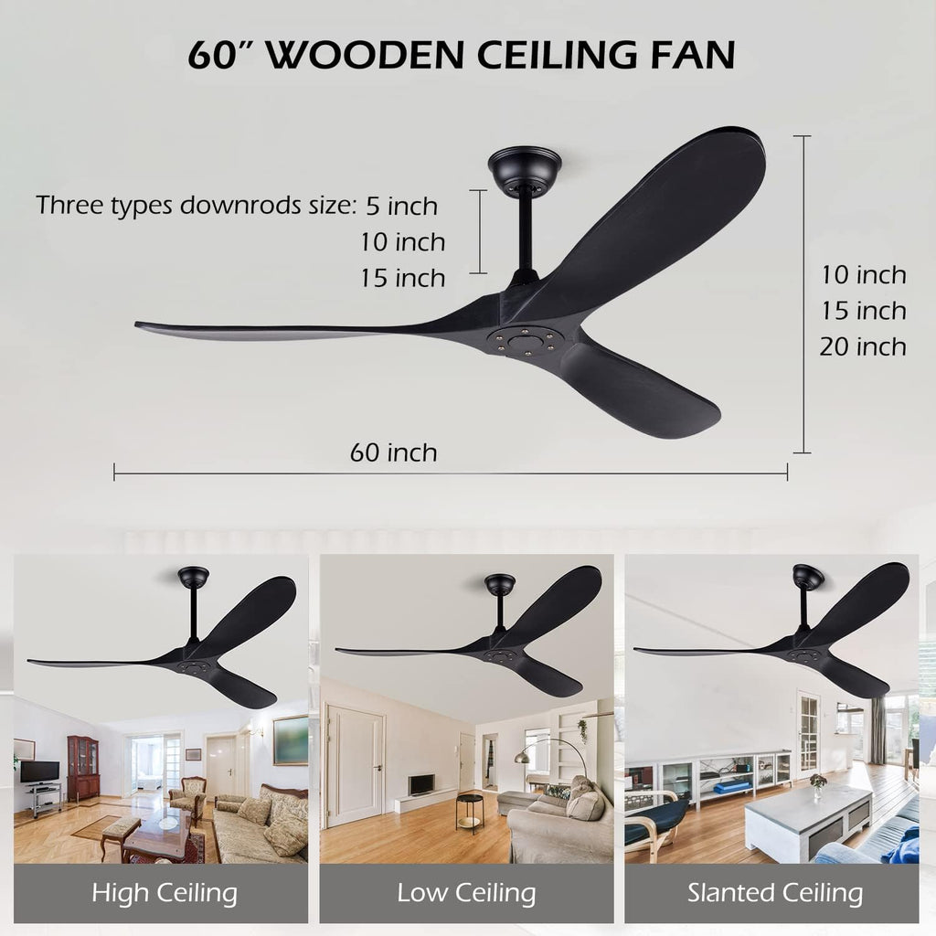 60 Inch Black Ceiling Fan No Light ，Wood Indoor Outdoor Ceiling Fans for Patios Living Room Bedroom Porch Big Farmhouse Ceiling Fan for Flat Sloped Angled Ceiling