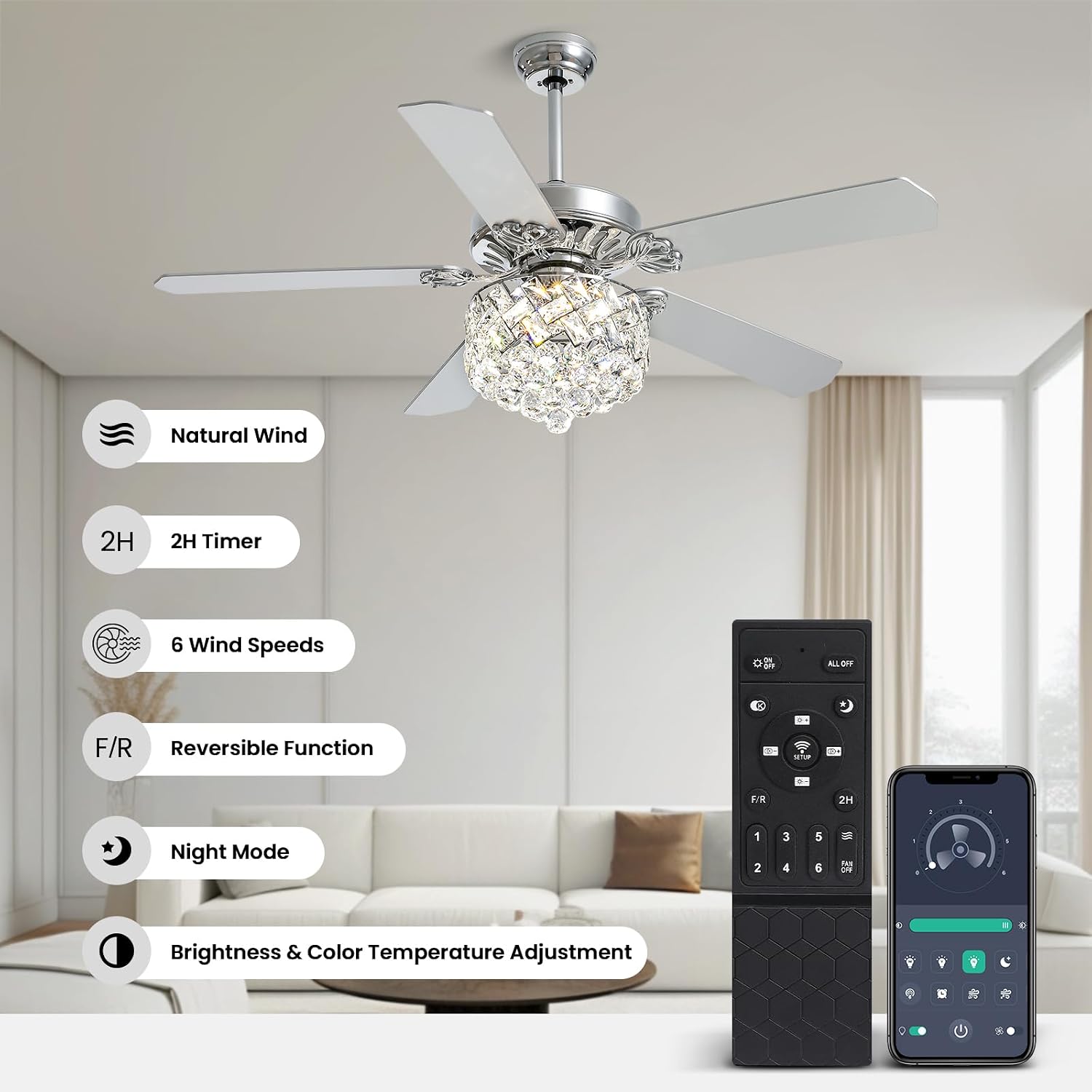 52' Crystal Ceiling Fan with Light Dimmable LED Chandelier Ceiling Fan Modern Reversible Fandelier Light Fixture with Remote for Bedroom Dining Room Living Room Chrome