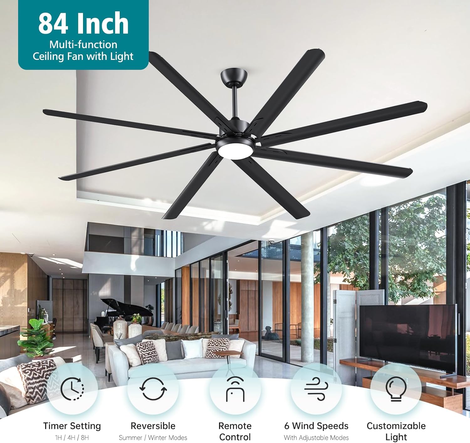 Modern 84 Inch Led Ceiling Fans With Lights, 1-6 Wind Speeds 3cct Black 84' Indoor | Outdoor Large Ceiling Fans With Lights And Remote For Warehouses Patios Porch Barns