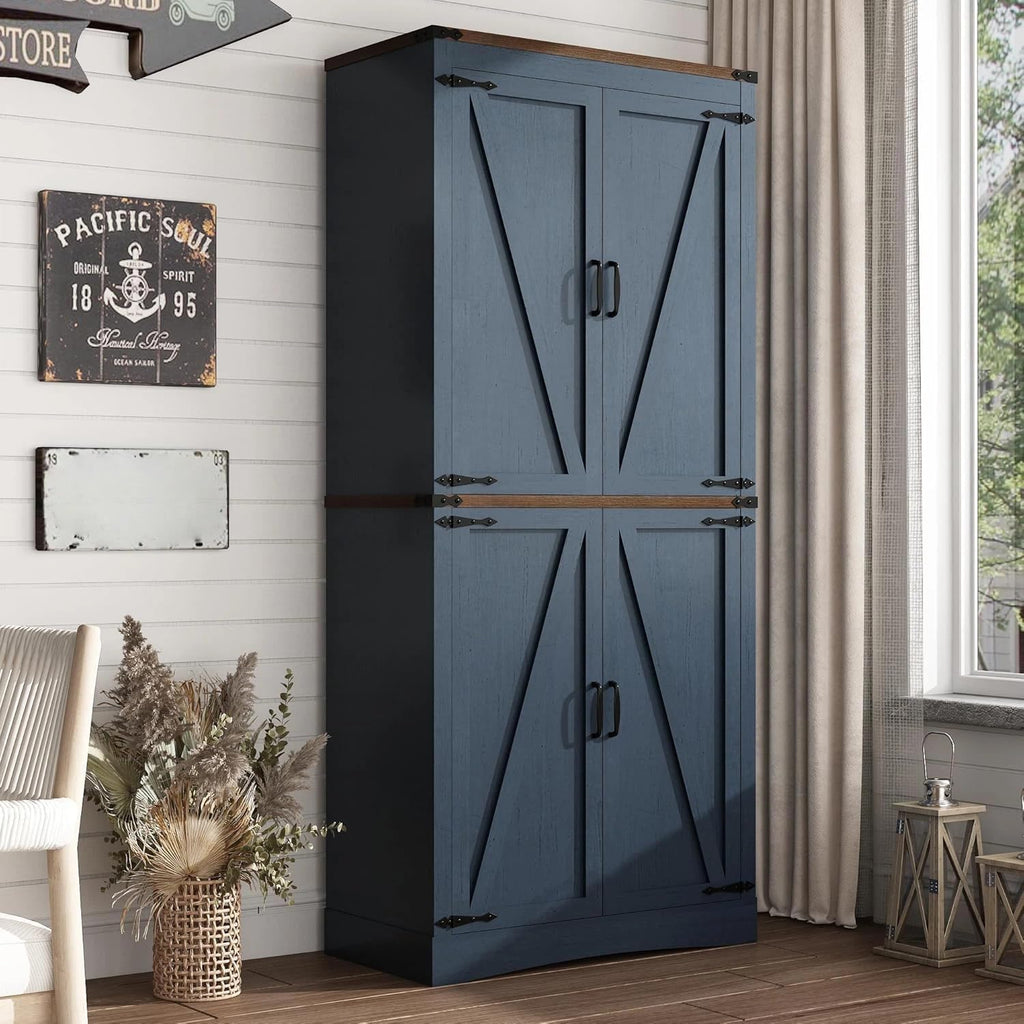 71in Farmhouse Kitchen Pantry Cabinet,Tall Storage Cabinet with 4 Doors and Adjustable shelves,with Load-Bearing Steel Pipe,Wood Storage Cabinets for Kitchen,Dining Room,Bathroom(Rustic Blue)