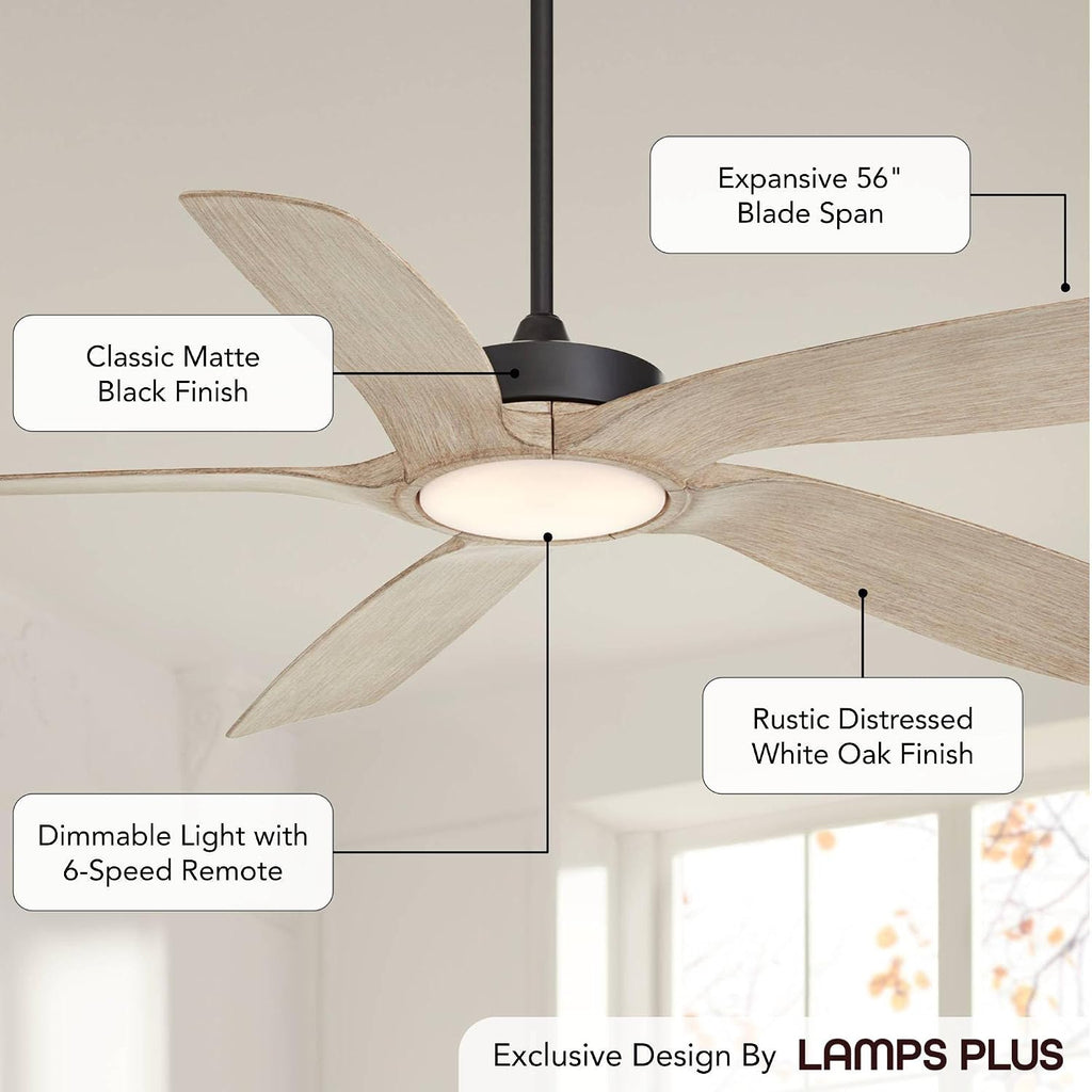 Casa Vieja 56' Mach 5 Farmhouse Rustic Country Cottage Core Indoor Outdoor Ceiling Fan 5 Blade LED Light Remote Control Matte Black Finish Distressed White Oak Finish Blades Bedroom Patio Damp Rated