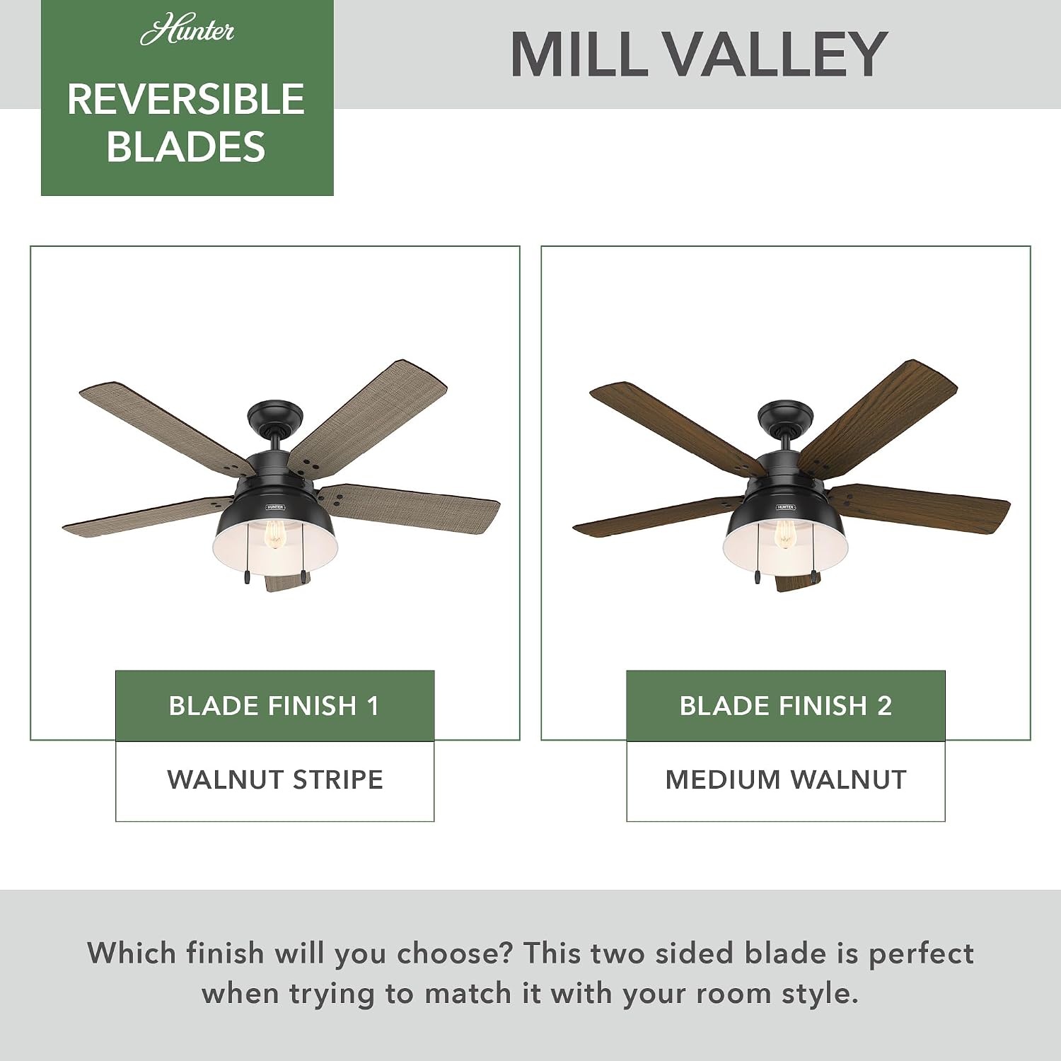 Hunter 52 inch Outdoor or Indoor Ceiling Fan with LED Light - Black Rustic Ceiling Fan with Pull Chain, For Bedroom, Living Room, or Patio, Standard Mount, No Remote - Mill Valley 59307, Matte Black