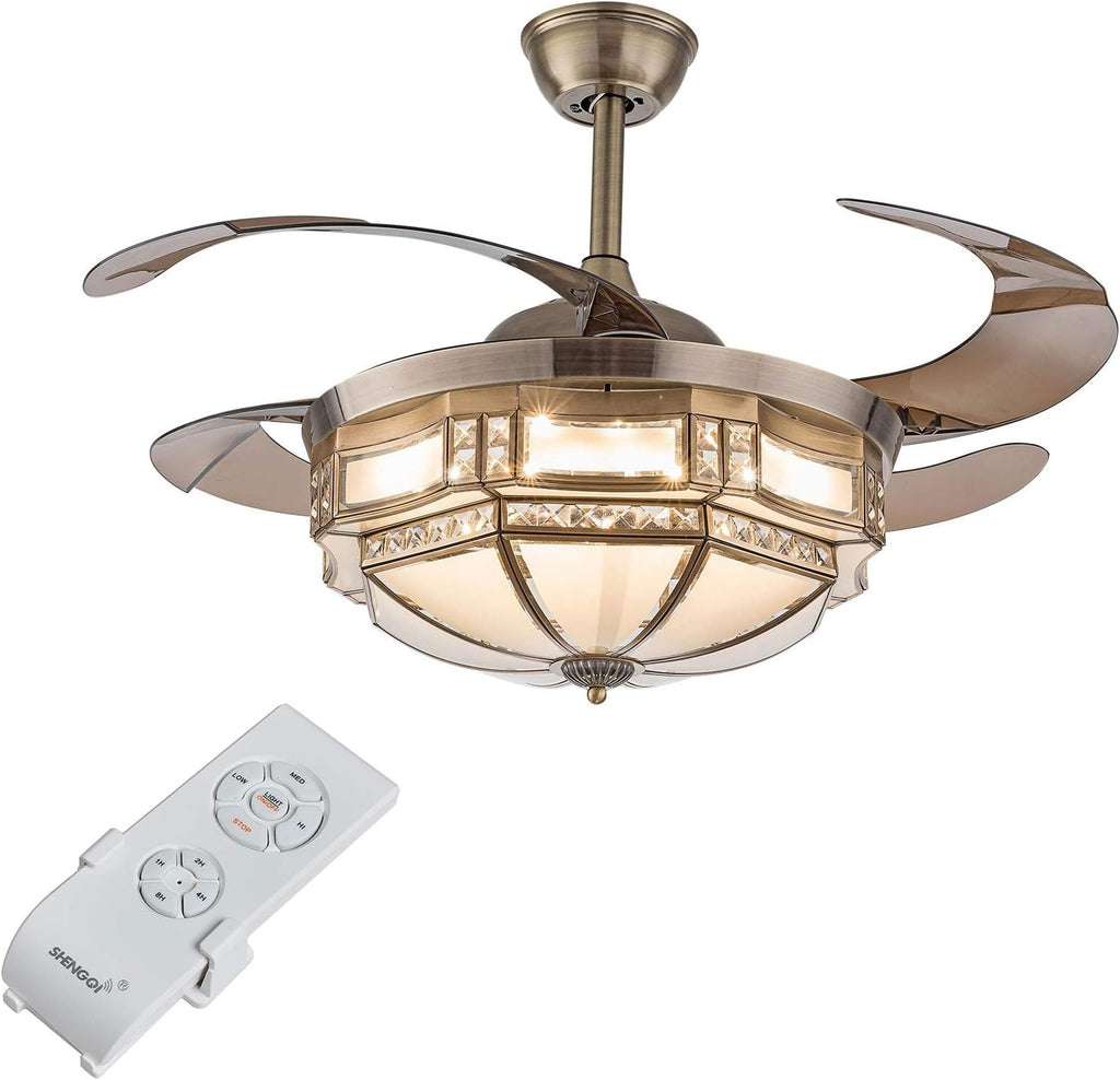 TFCFL 42 Inch Vintage Ceiling Fan Light, Tiffany Style Dimmable Chandelier Fan with Controller 3-Color Lighting 3-Speed Retractable Blades for Bedroom Living Room (Gold)