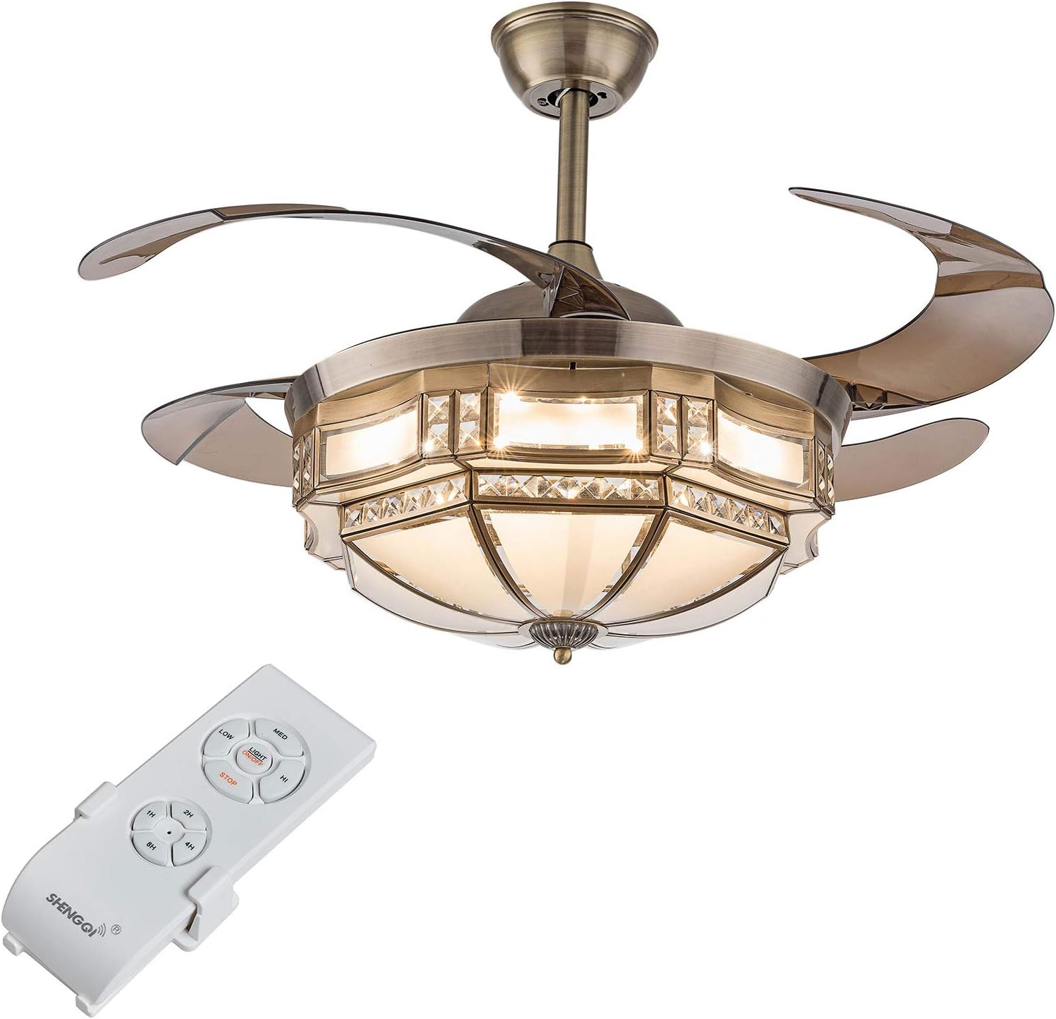 TFCFL 42 Inch Vintage Ceiling Fan Light, Tiffany Style Dimmable Chandelier Fan with Controller 3-Color Lighting 3-Speed Retractable Blades for Bedroom Living Room (Gold)