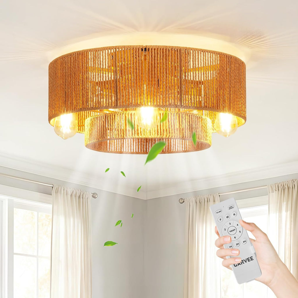 Garvee 20'' Rattan Boho Ceiling Fan with Light Flush Mount, Layered Caged Ceiling Fans with Lights and Remote, 6 Speeds Reversible, E26 Base, for Living Room Bedroom Kitchen