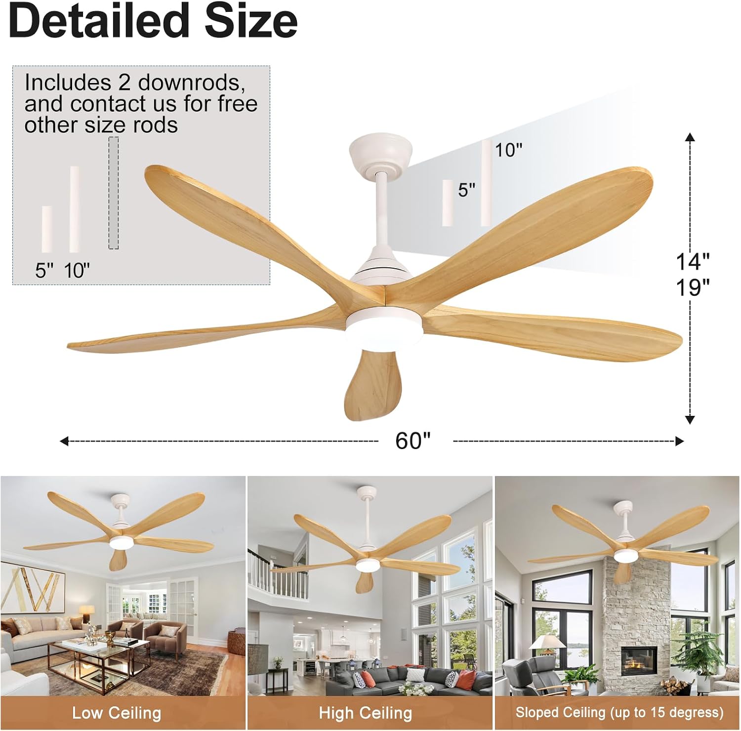 OKDNEG 60 Inch Ceiling Fans with Lights and Remote, 5 Wood Fan Blades Ceiling Fan,3CCT Dimmable,Timer,Quiet DC Motor,6 Speed,Indoor Outdoor Ceiling Fan for Offices Farmhouse Gazebo Patio