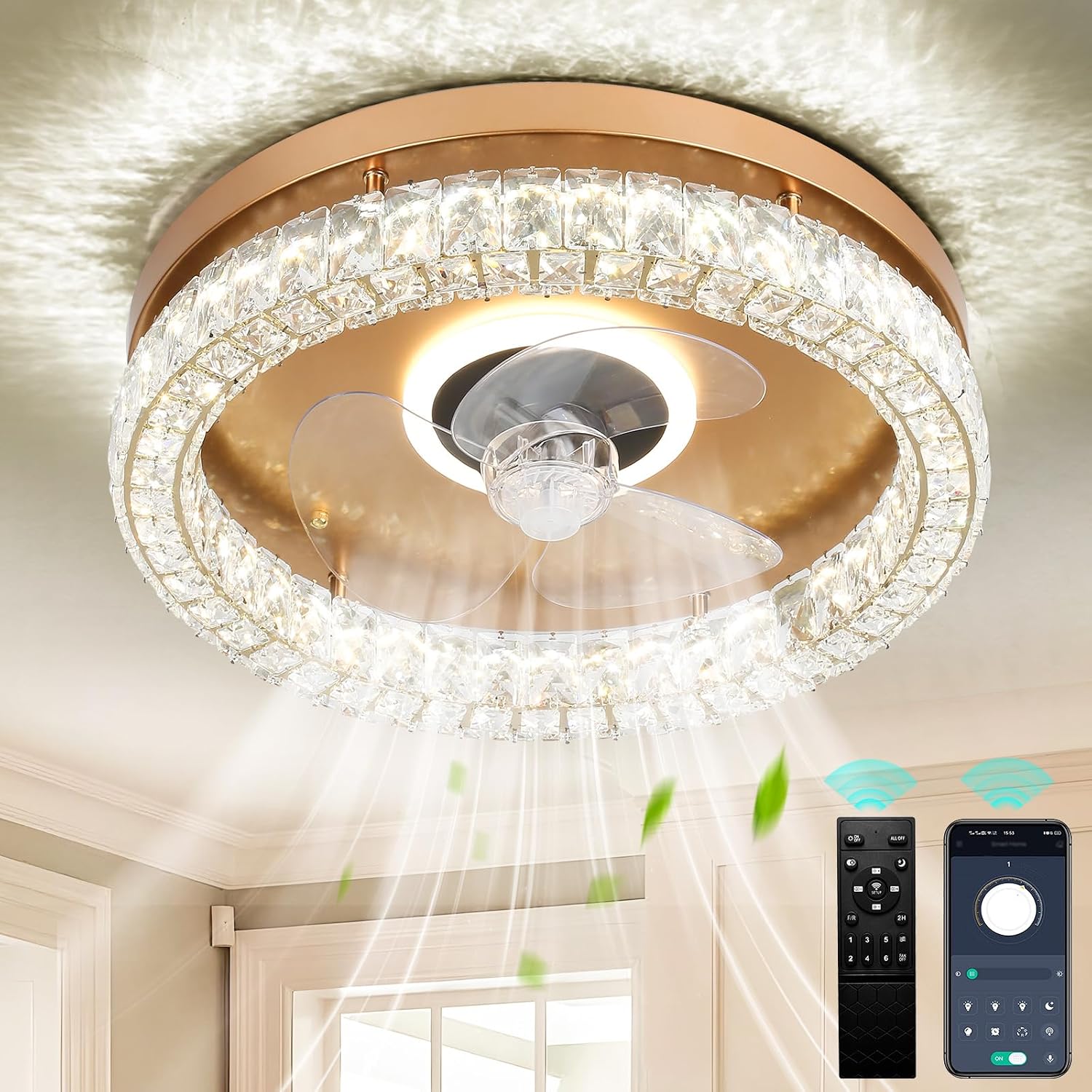 FRIXCHUR Modern Ceiling Fans with Lights and Remote, Dimmable Low Profile Ceiling Fan,Flush Mount Ceiling Fan Stepless Color Temperature Change and 6 Speeds for Bedroom Living Room (Gold)