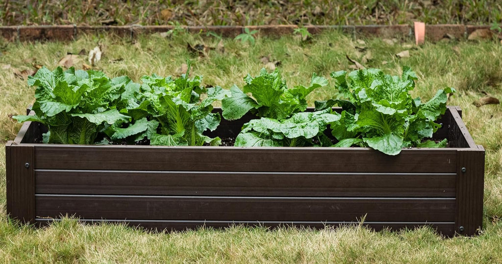 New Age Garden ECOFLEX Stackable Raised Garden Bed (2×4 ft), Open Bottom Composite Planter, Stackable, Non‑Toxic, Eco‑Friendly Walnut Finish
