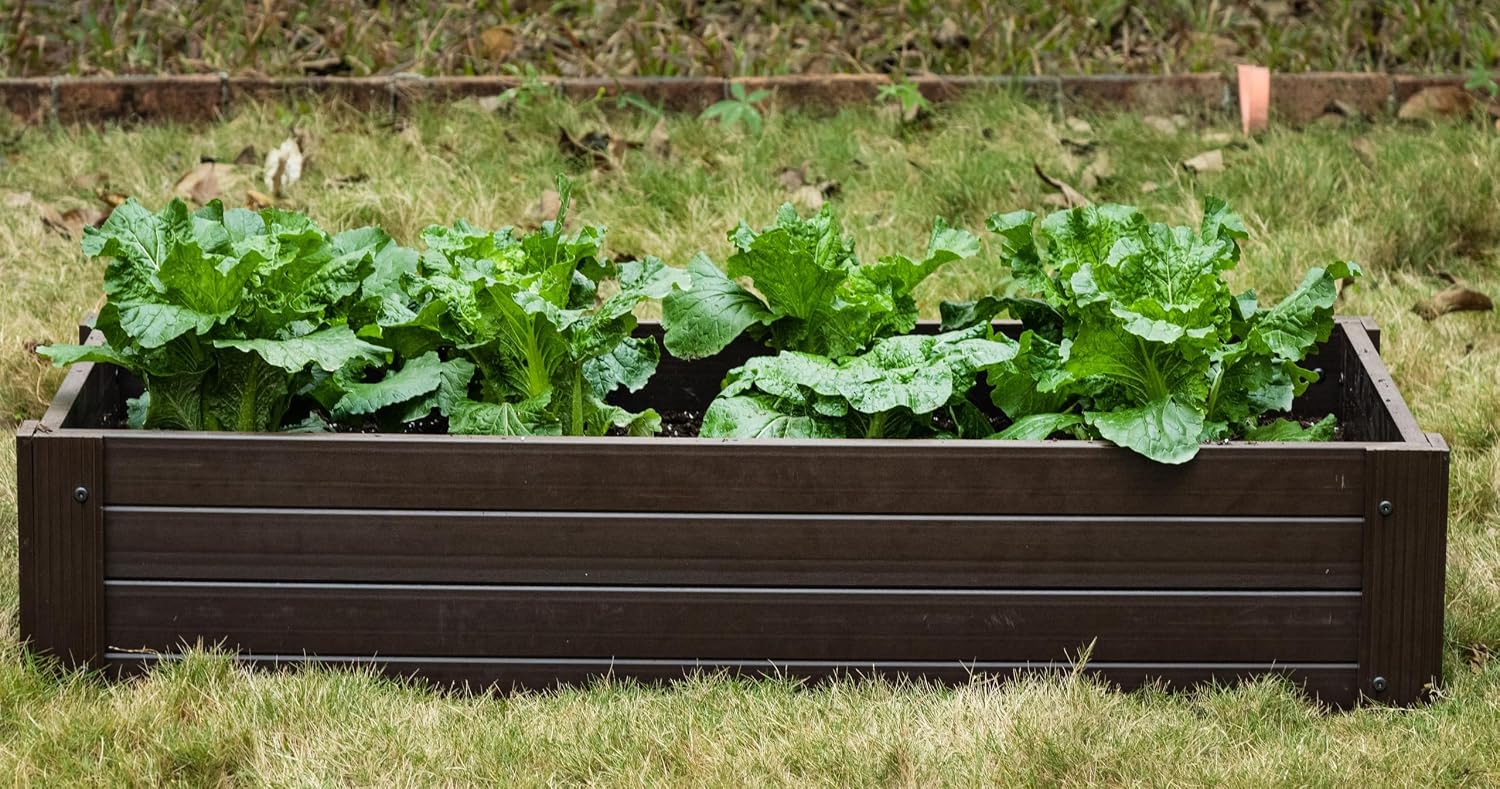New Age Garden ECOFLEX Stackable Raised Garden Bed (2×4 ft), Open Bottom Composite Planter, Stackable, Non‑Toxic, Eco‑Friendly Walnut Finish