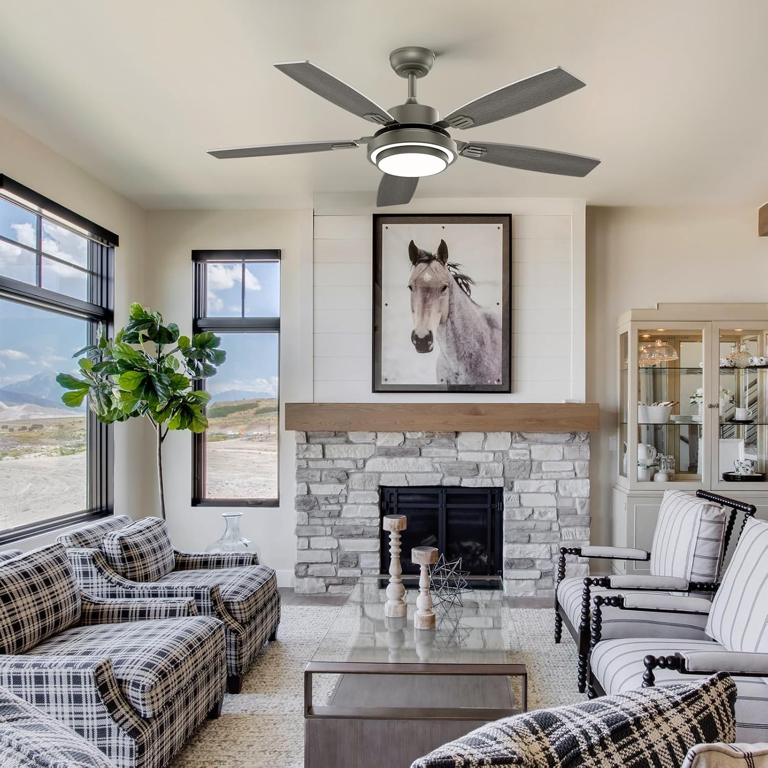 52 Inch Ceiling Fans with Lights and Remote Control, Ceiling Fan for Bedroom Living Room and Patio, Medium Grey Ceiling Fan for Indoor and Outdoor