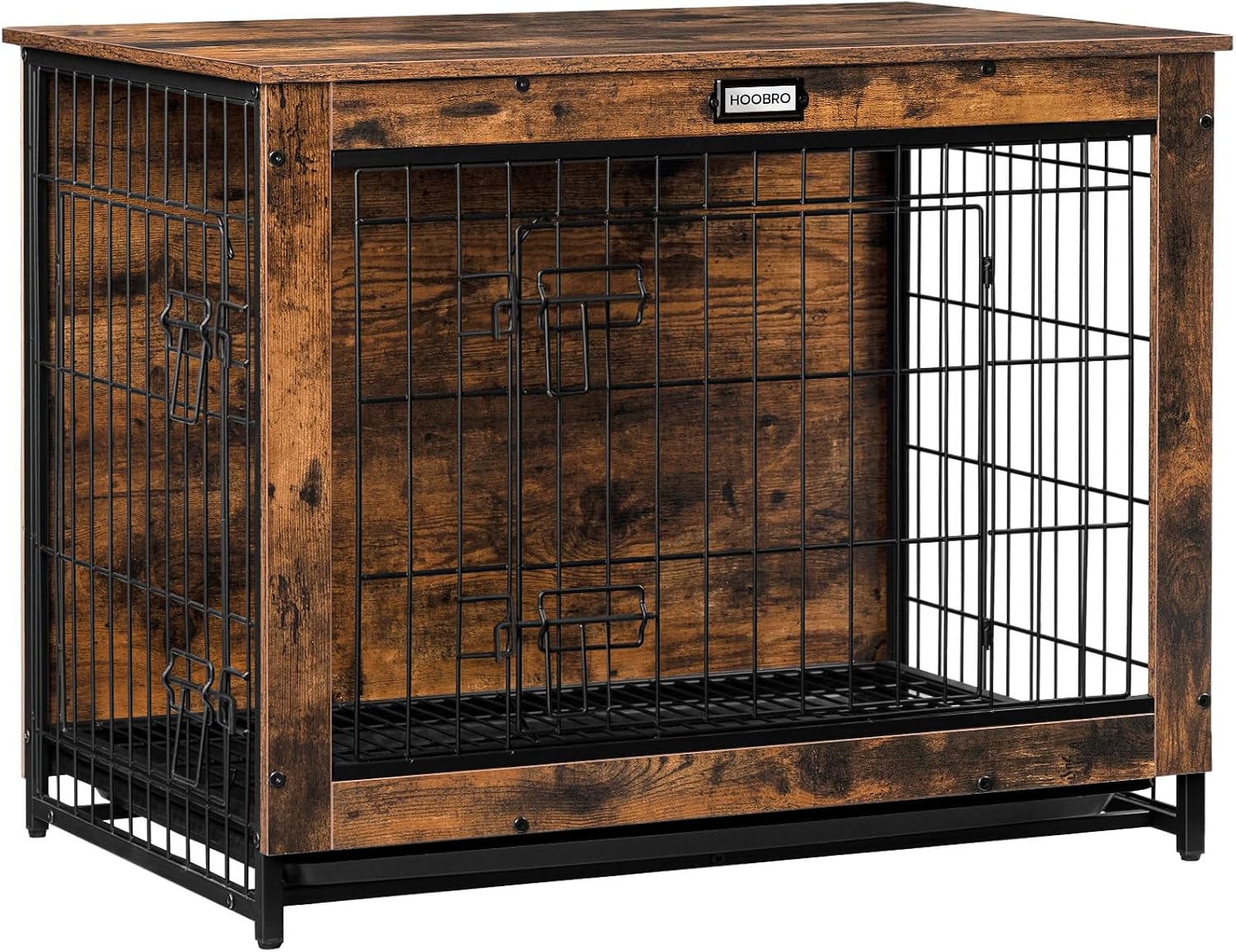 HOOBRO Dog Crate Furniture, 32.5' Medium Dog Kennel Indoor, Wooden Cage with Pull-Out Tray, Double Doors Pet House Side End Table for Medium/Small Dogs, Rustic Brown BF802GW03G1