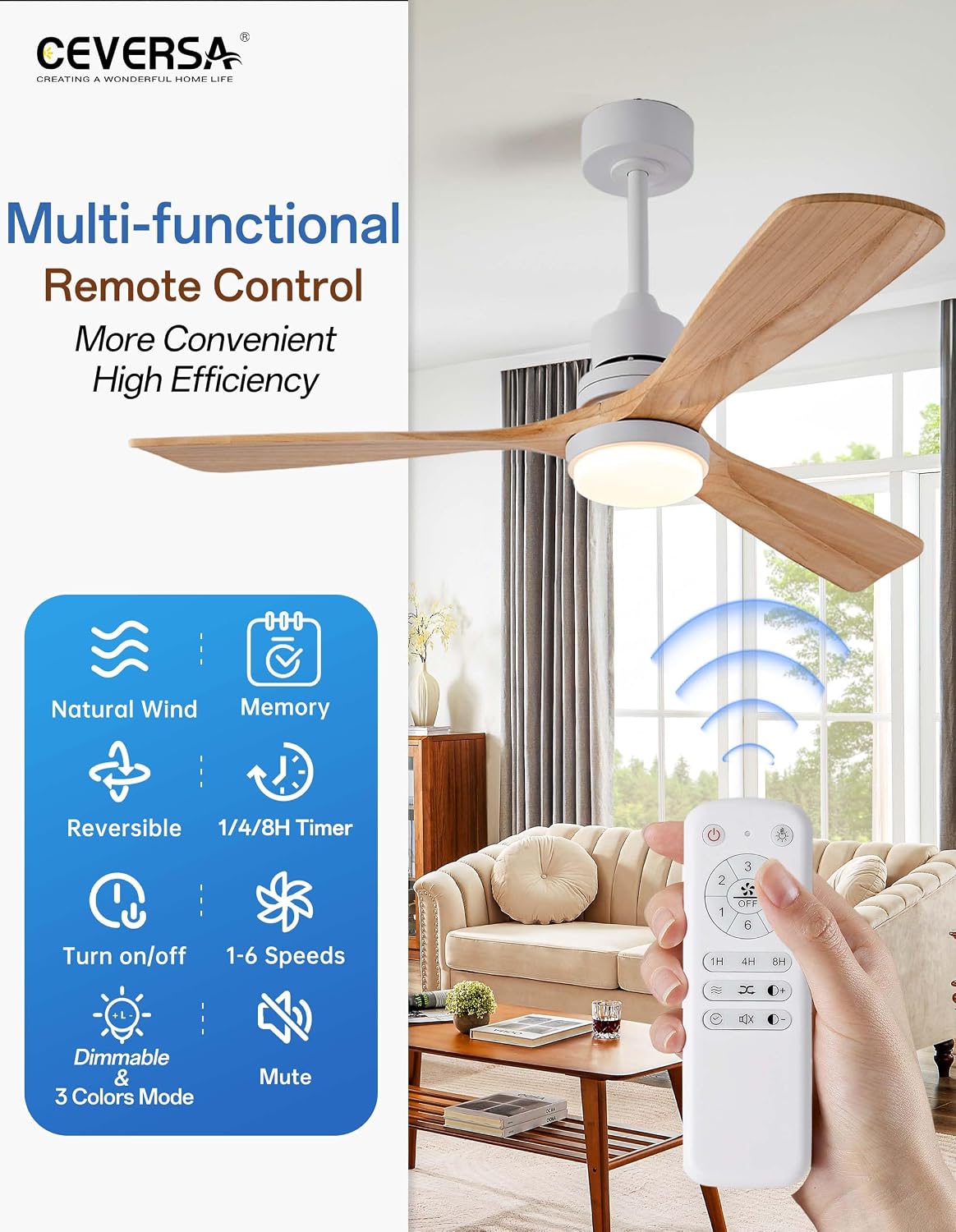 52 Inch Natural Wood Ceiling fans with Lights and Remote,3 Blades Wooden Modern Ceiling Fans,Dimmable Light,Noiseless Reversible DC Motor for Patio,Living Room,Outdoor,Indoor,Farmhouse