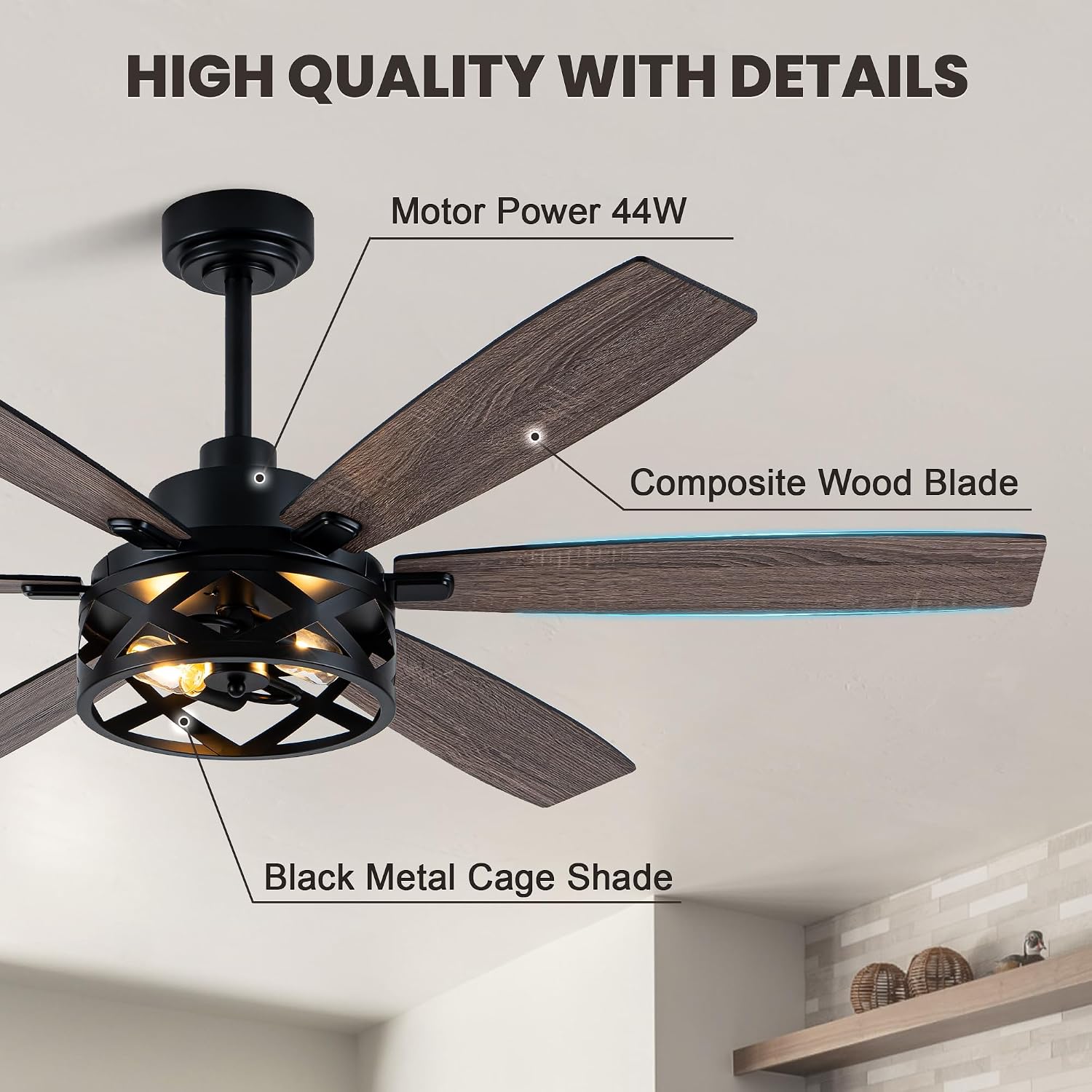 Dawn Whisper 60 Inch Farmhouse Ceiling Fans with Lights and Remote Large Black Caged Rustic Chandelier Ceiling Fan for Bedroom Living Room Quiet and Reversible DC Motor 6 Speeds