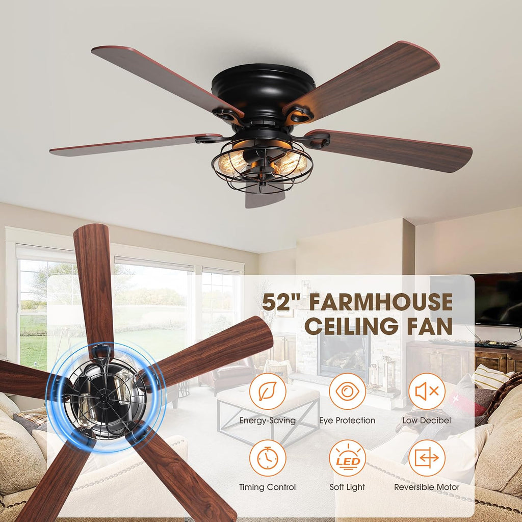 48' Farmhouse Low Profile Ceiling Fan with Light & Remote, Outdoor Flush Mount Ceiling Fans for Bedroom Living Room, 5-Blades 3-Speed Quiet Reversible Motor, Timer Function