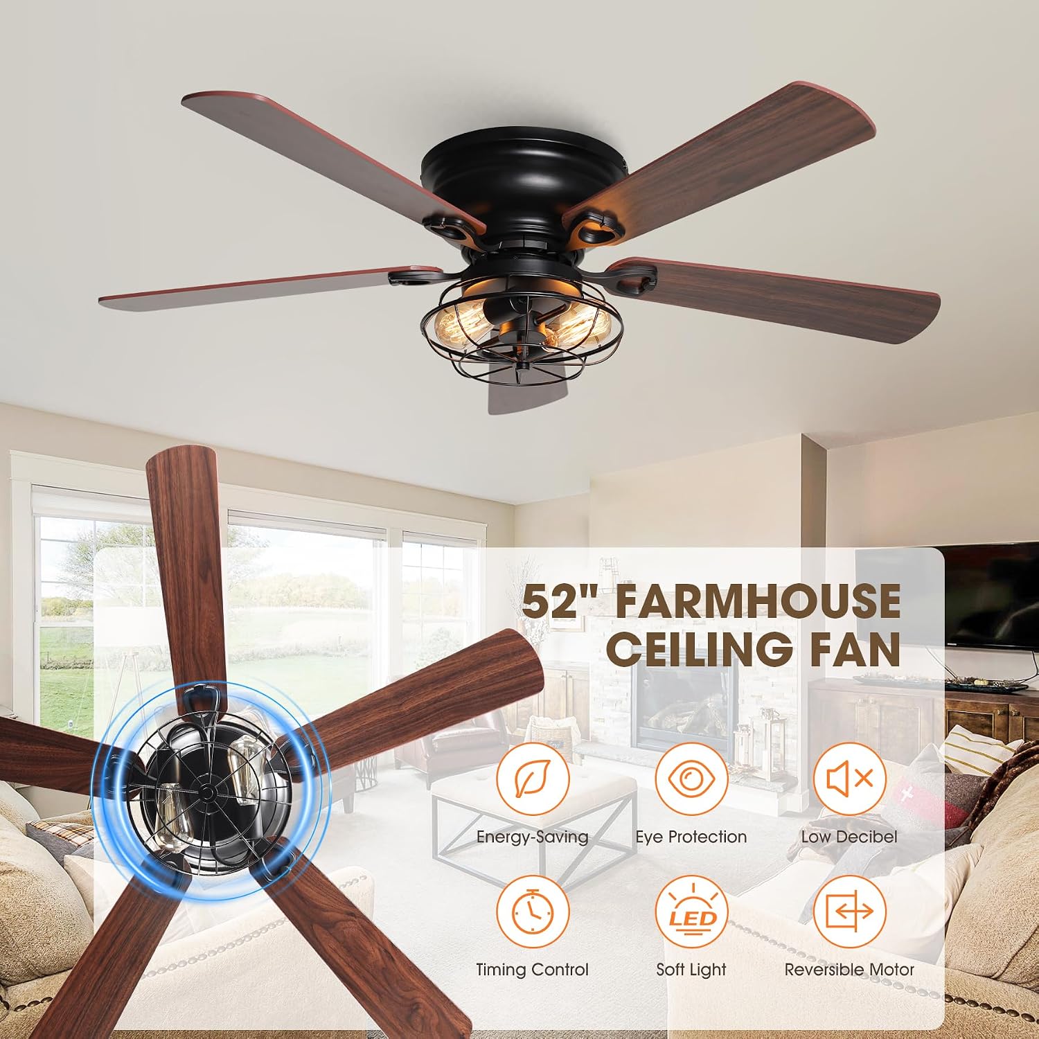 48' Farmhouse Low Profile Ceiling Fan with Light & Remote, Outdoor Flush Mount Ceiling Fans for Bedroom Living Room, 5-Blades 3-Speed Quiet Reversible Motor, Timer Function