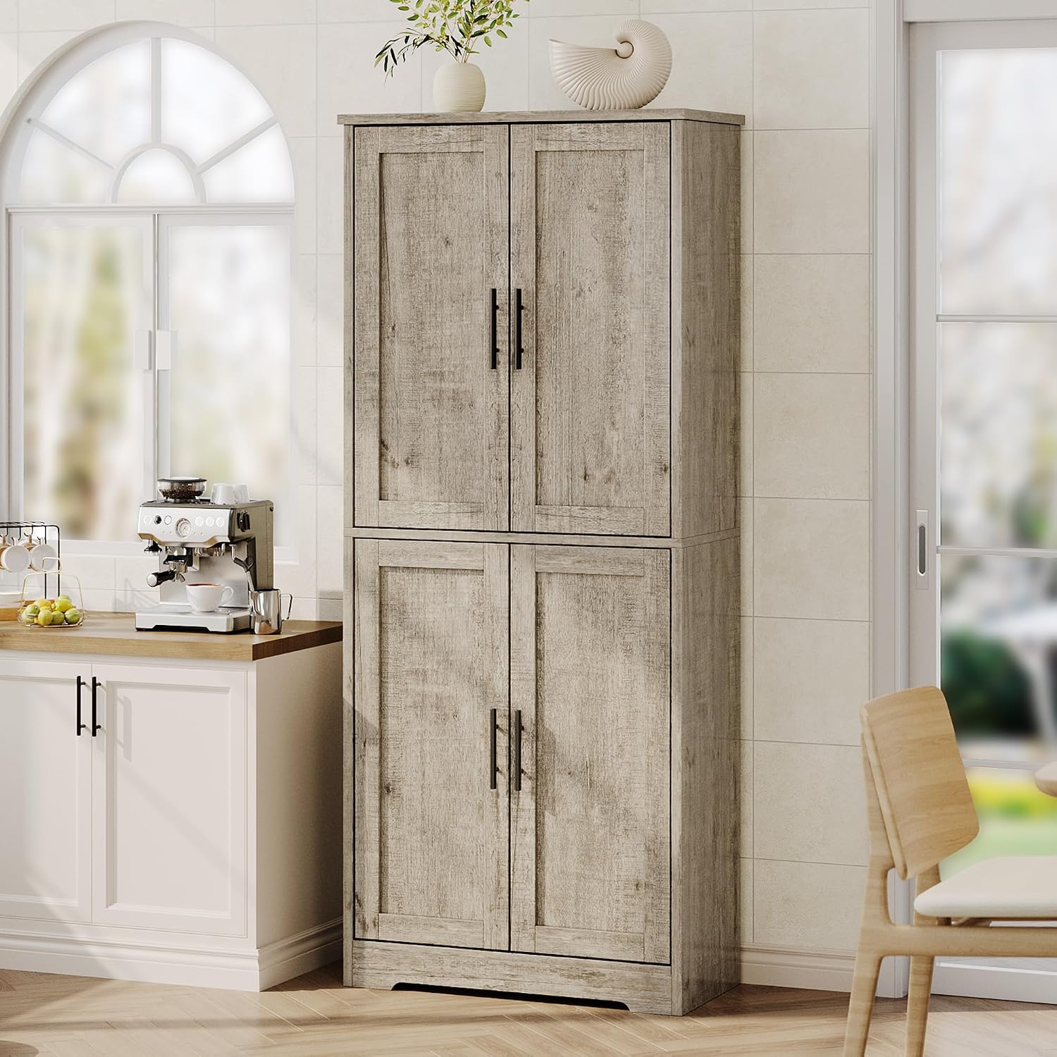 IDEALHOUSE Pantry Cabinet,70' Tall Kitchen Pantry Cabinet with 4 Doors and 3 Adjustable Shelves, Freestanding Cupboard, Modern Storage Cabinet for Bathroom, Dining Room, Living Room, Gray
