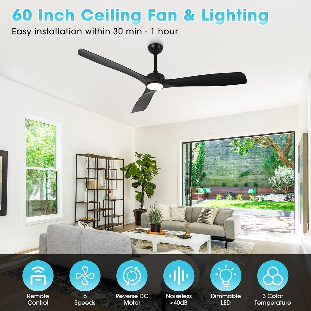 Ceiling Fans with Lights and Remote 60 Inch Black Outdoor Ceiling Fans for Patios Bedroom, Farmhouse Low Profile Chandelier Ceiling Fan with 6-Speed Reversible DC Motor, Dimmable, Ventilador de Techo