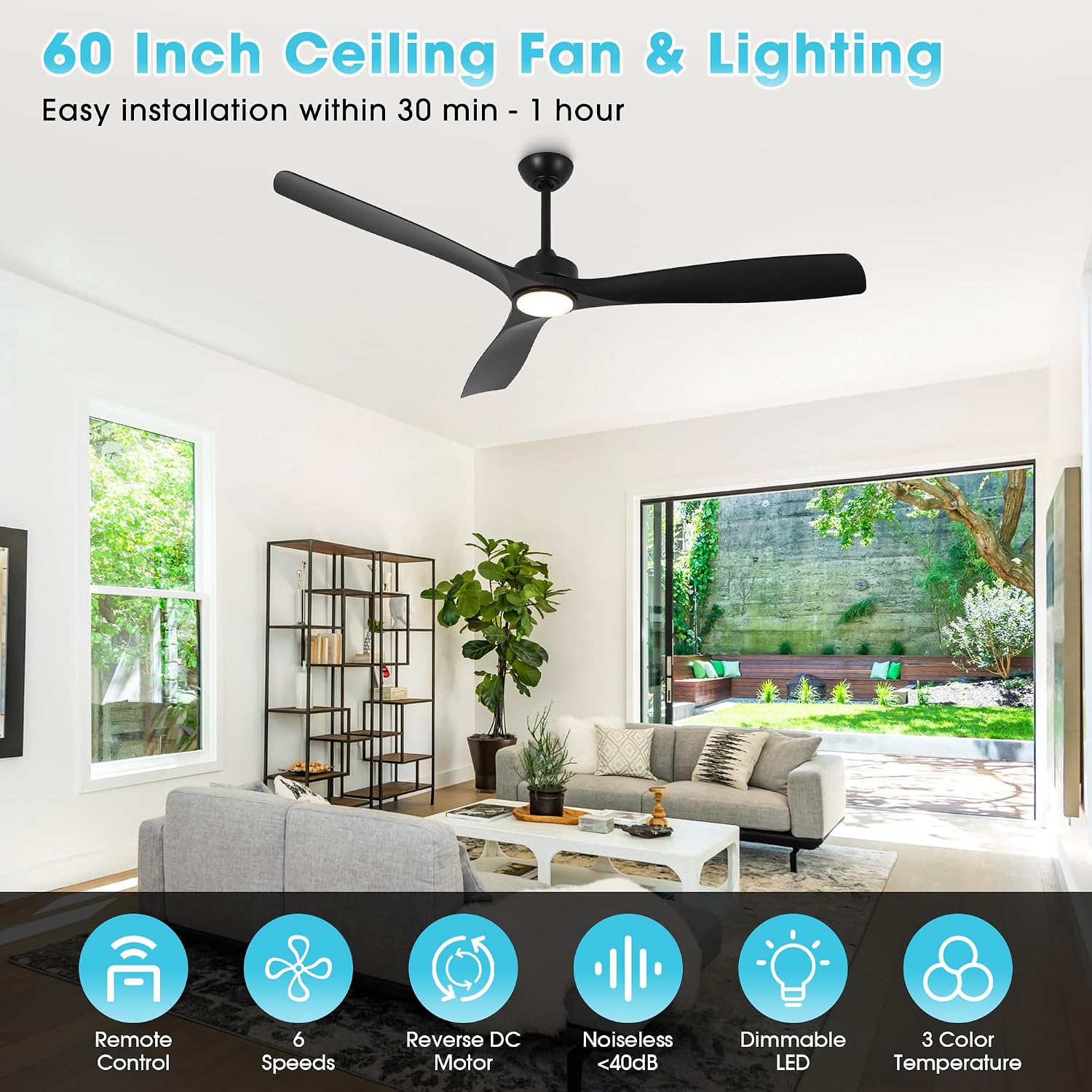 Ceiling Fans with Lights and Remote 60 Inch Black Outdoor Ceiling Fans for Patios Bedroom, Farmhouse Low Profile Chandelier Ceiling Fan with 6-Speed Reversible DC Motor, Dimmable, Ventilador de Techo