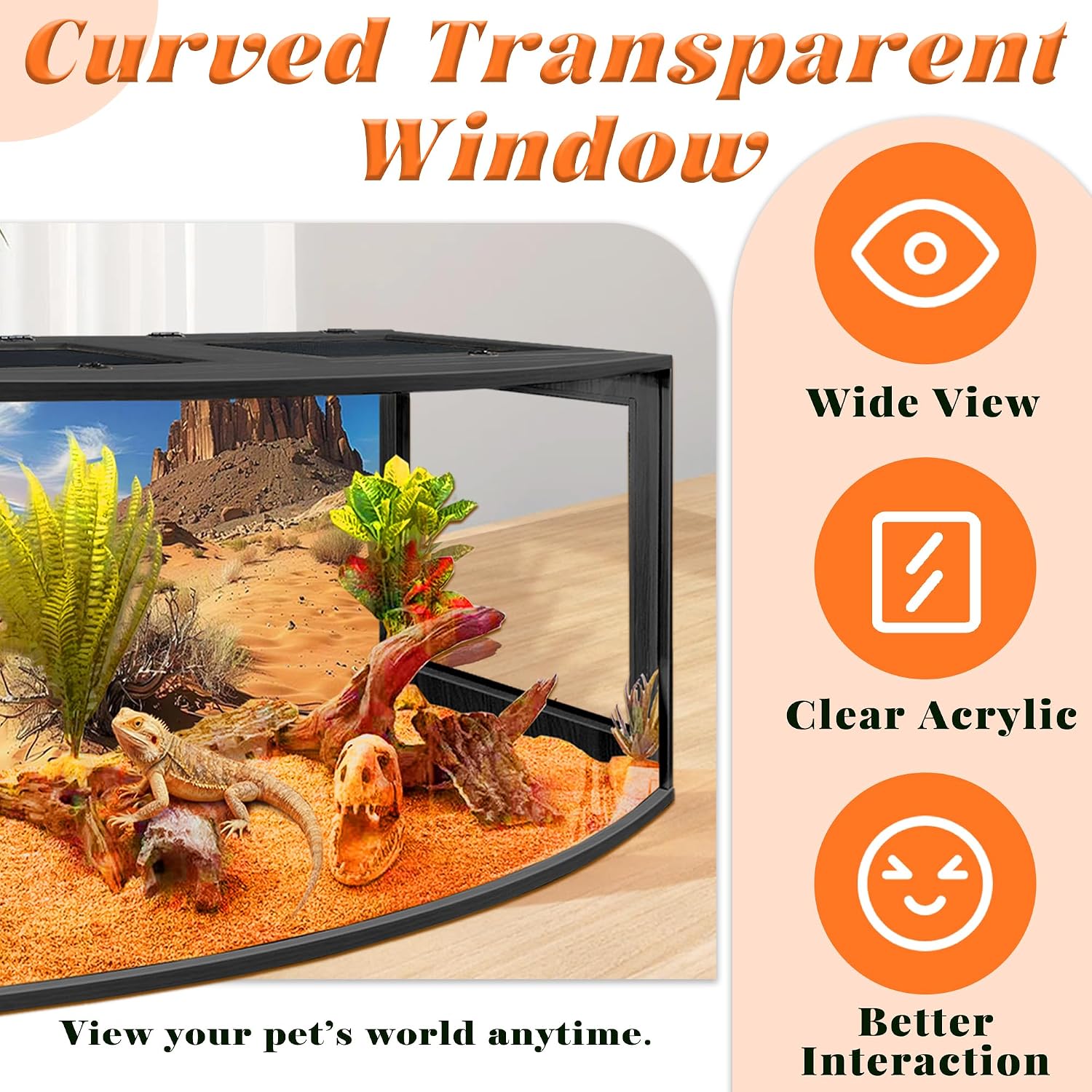 PROLEE Bearded Dragon Tank, Curved Reptile Enclosure with 3-Side Clear Acrylic Panels, Spacious Lizard Tank with Metal Mesh Top and Lockable Door for Reptile Habitat (Black, 24' Length,24 Gallons)